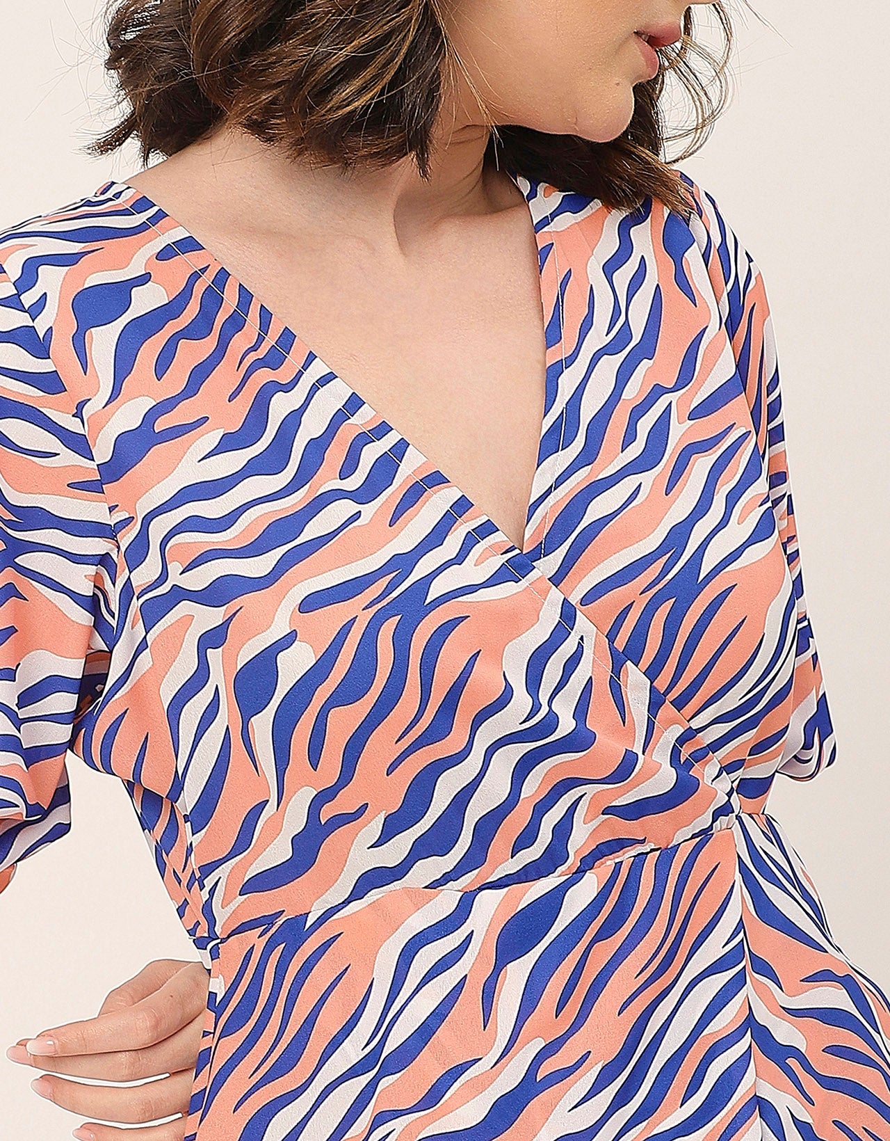 V Neck Wrap Printed Georgette Short Sleeve Dress