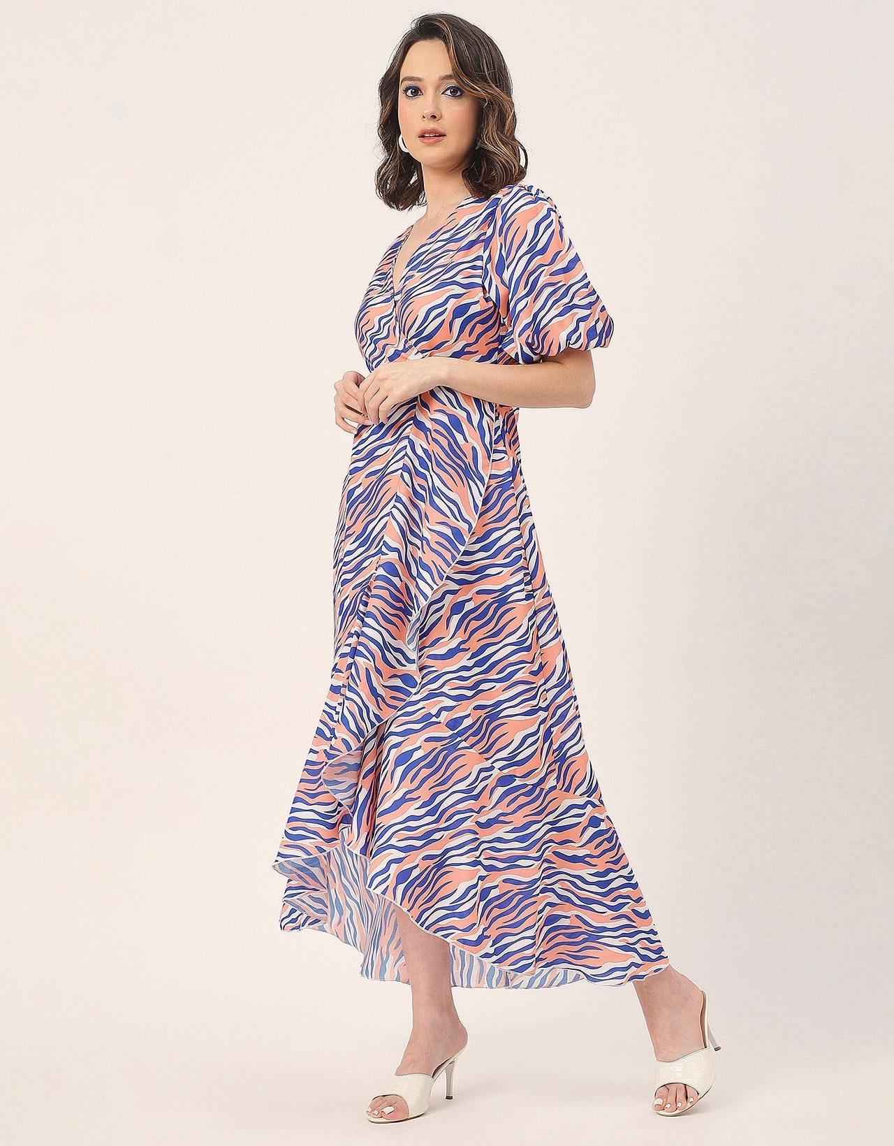 V Neck Wrap Printed Georgette Short Sleeve Dress