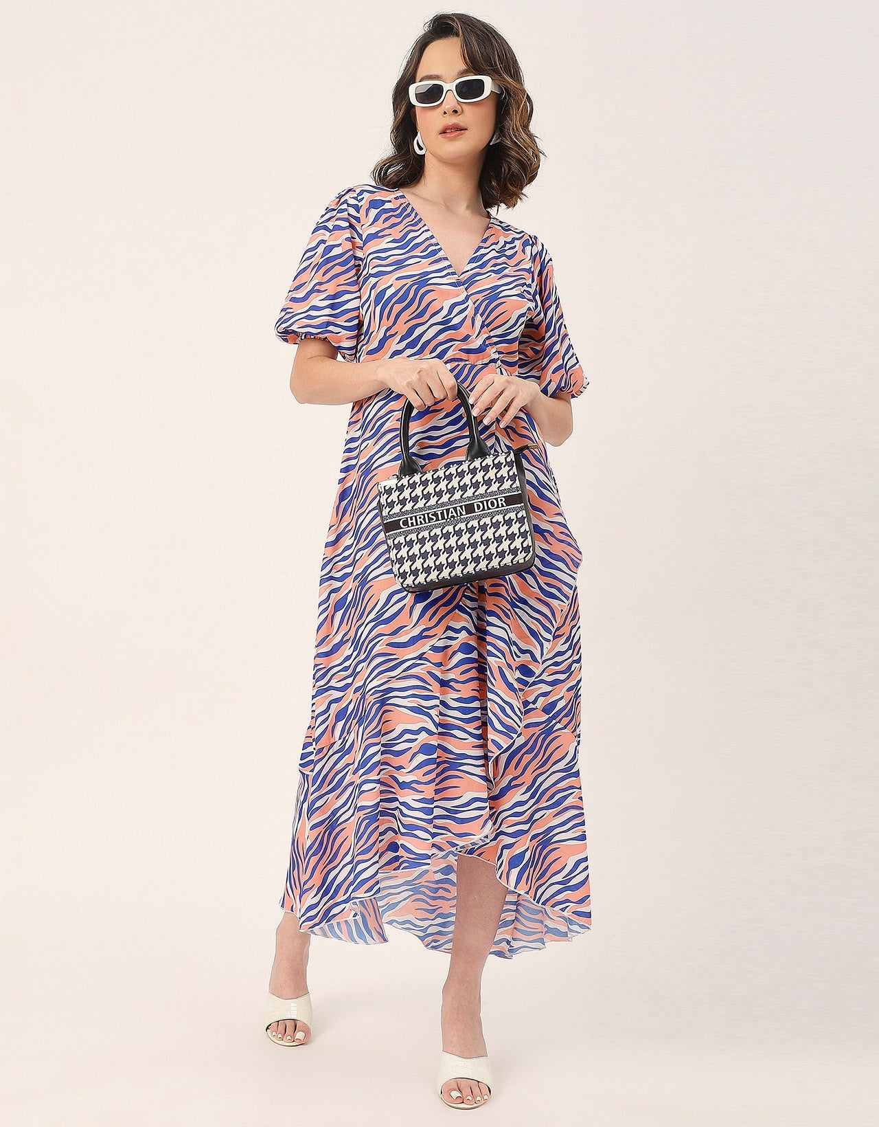 V Neck Wrap Printed Georgette Short Sleeve Dress