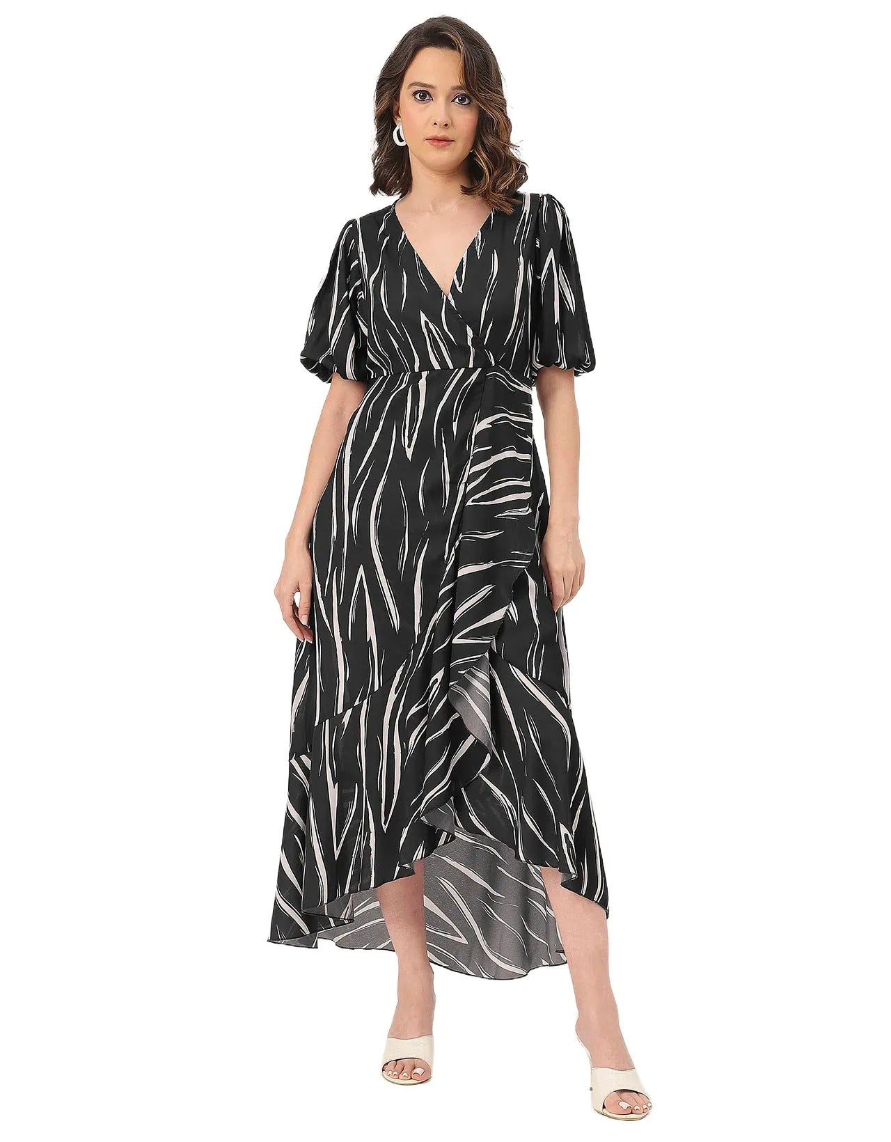 V Neck Wrap Printed Georgette Short Sleeve Dress