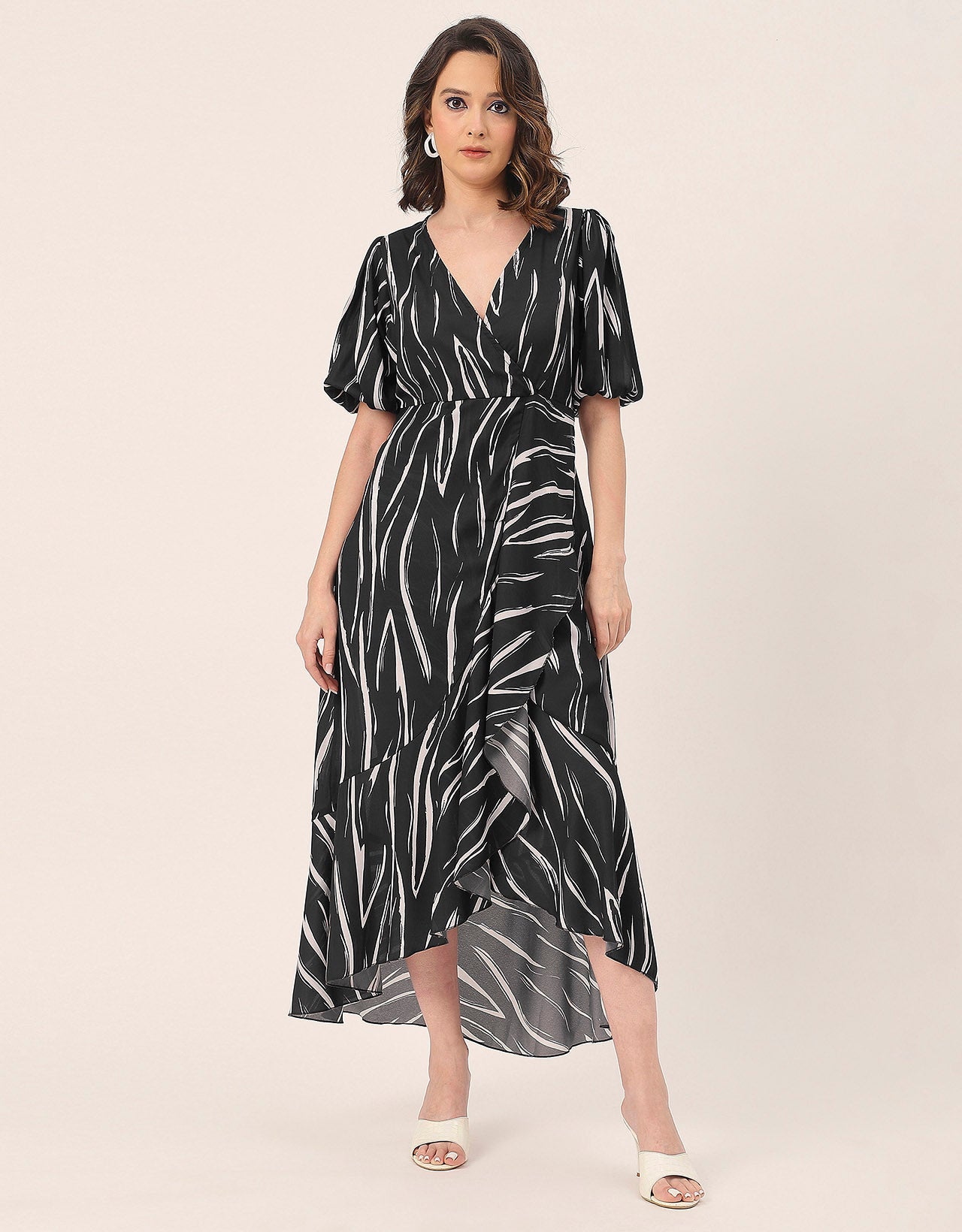 V Neck Wrap Printed Georgette Short Sleeve Dress