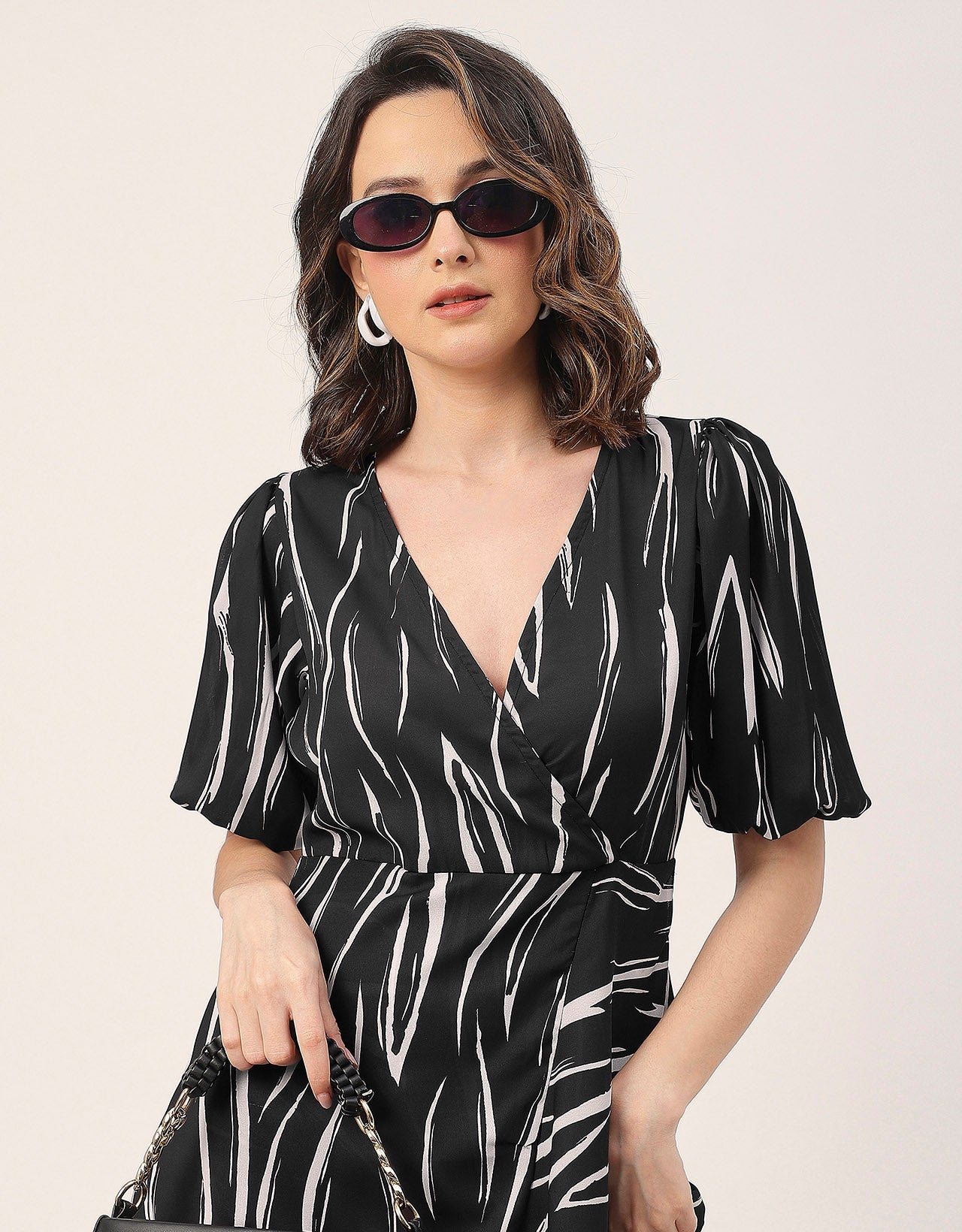 V Neck Wrap Printed Georgette Short Sleeve Dress