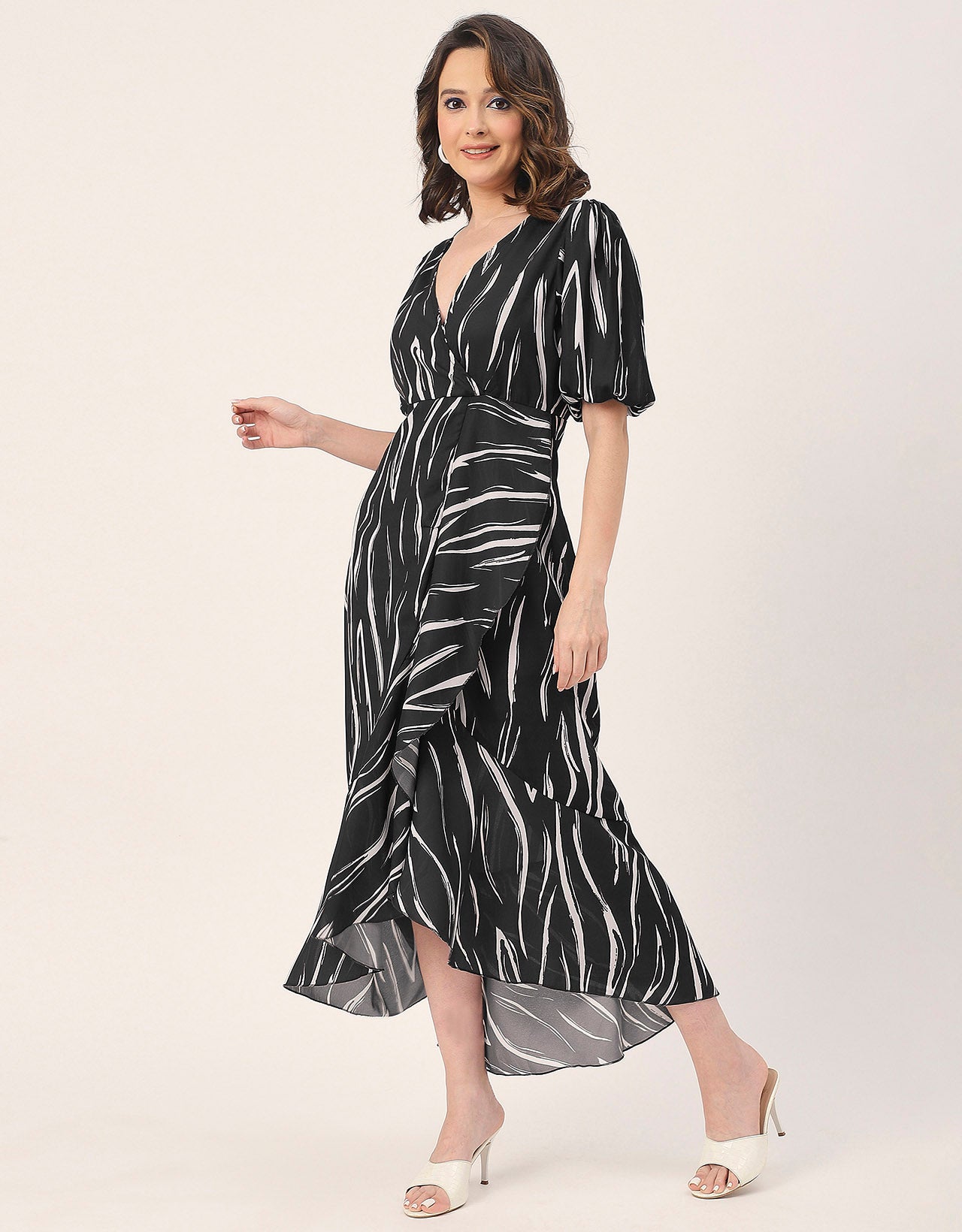 V Neck Wrap Printed Georgette Short Sleeve Dress