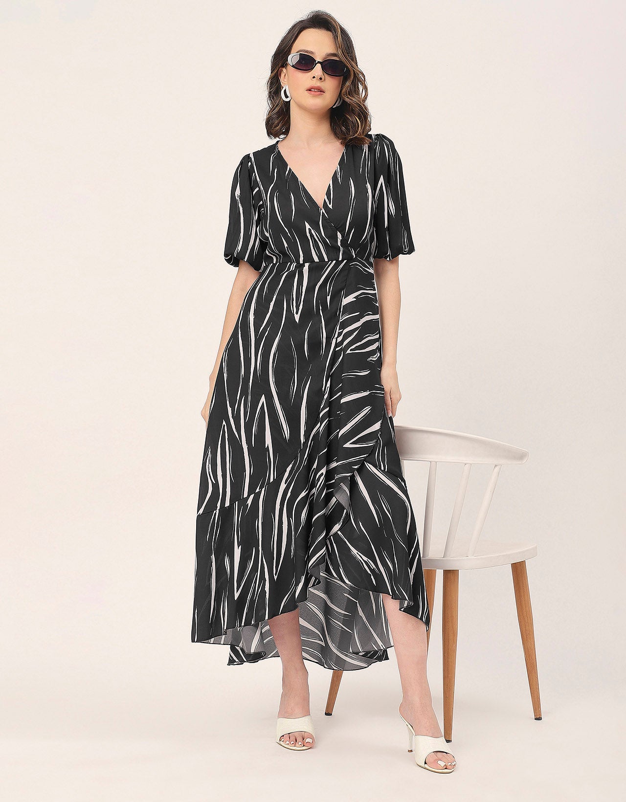 V Neck Wrap Printed Georgette Short Sleeve Dress