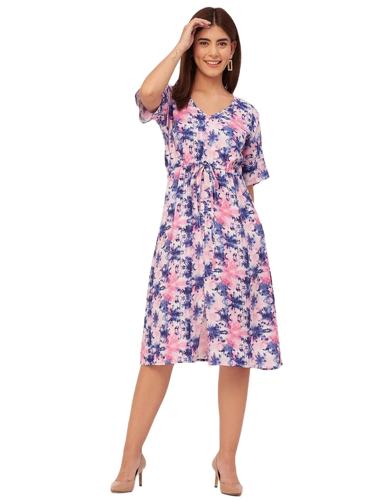 V Neck Short Sleeve Printed Rayon Dress