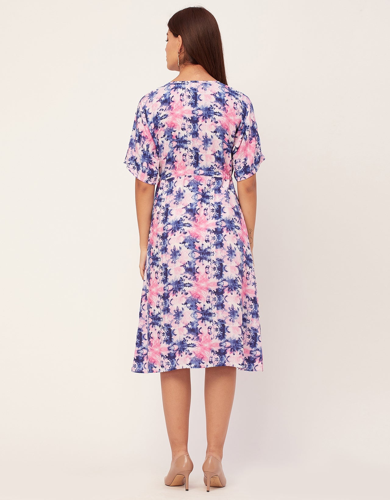V Neck Short Sleeve Printed Rayon Dress