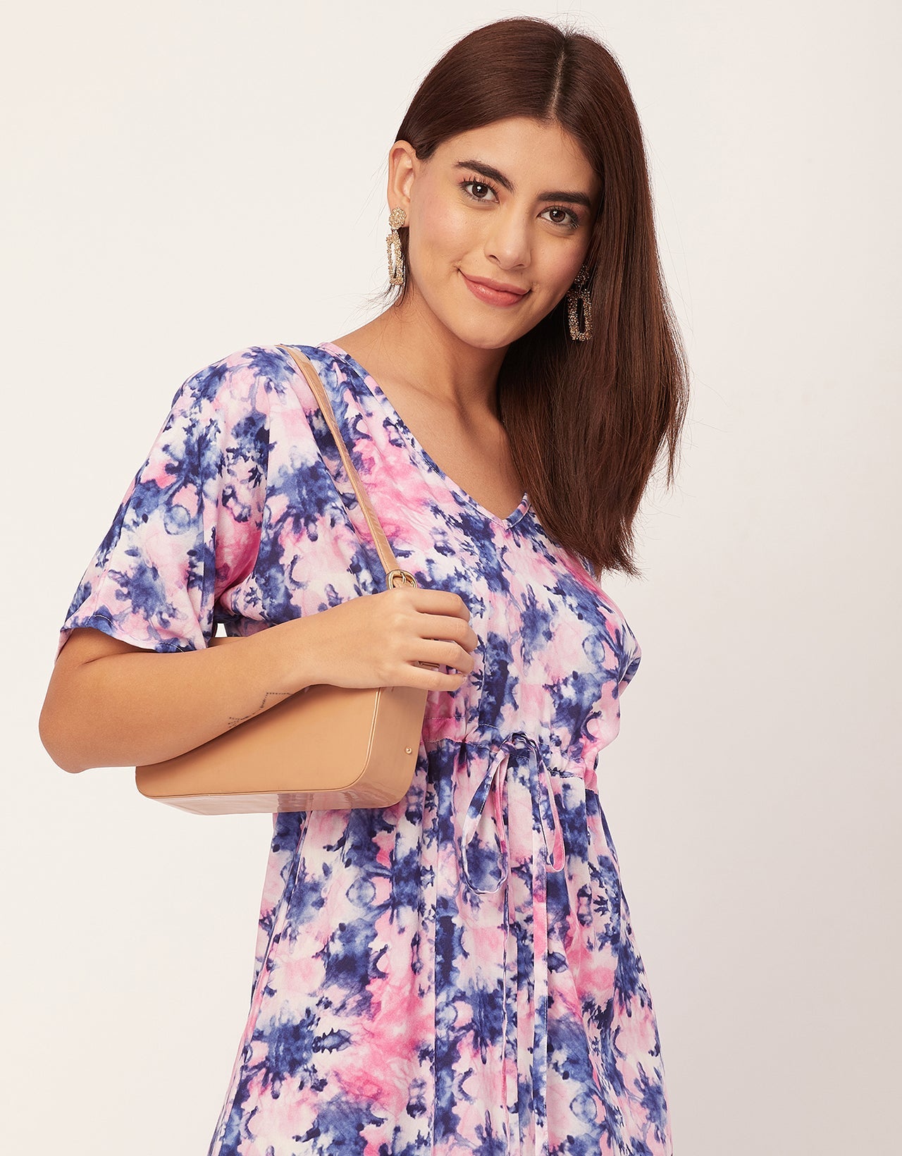 V Neck Short Sleeve Printed Rayon Dress