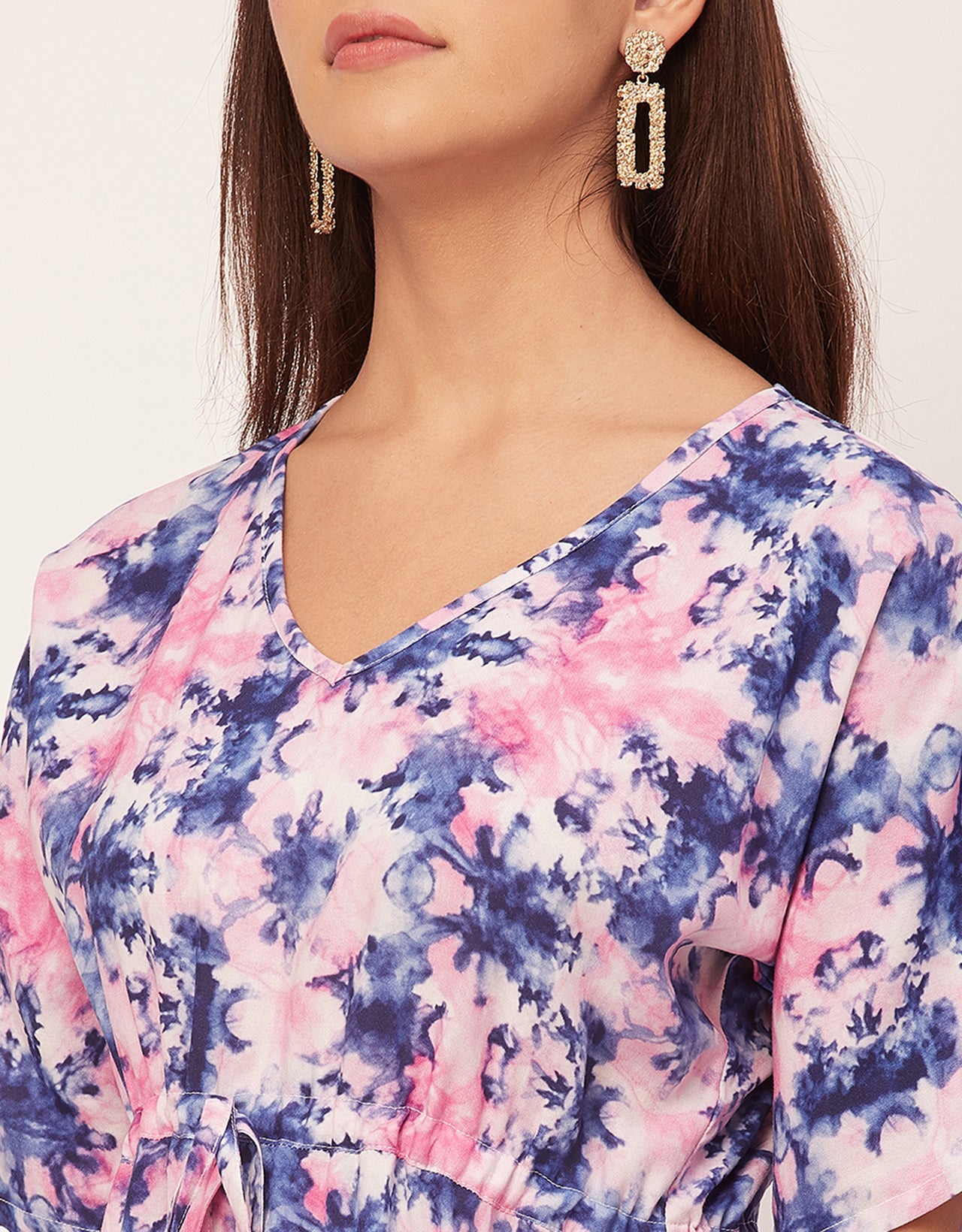V Neck Short Sleeve Printed Rayon Dress