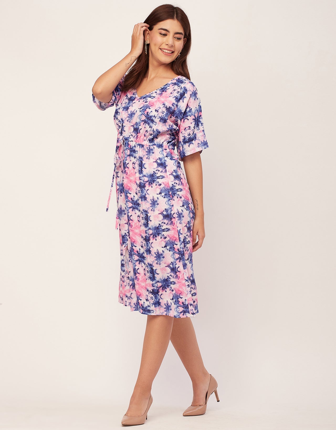 V Neck Short Sleeve Printed Rayon Dress