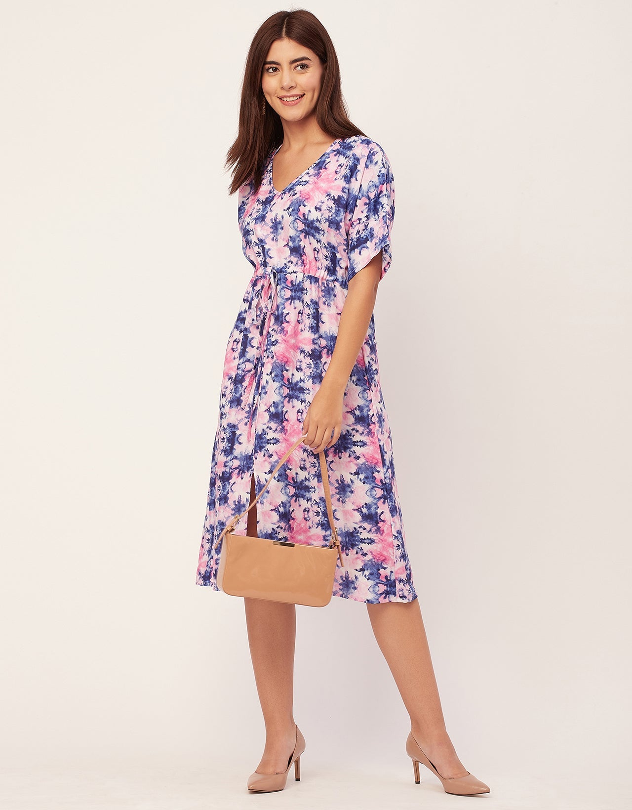 V Neck Short Sleeve Printed Rayon Dress