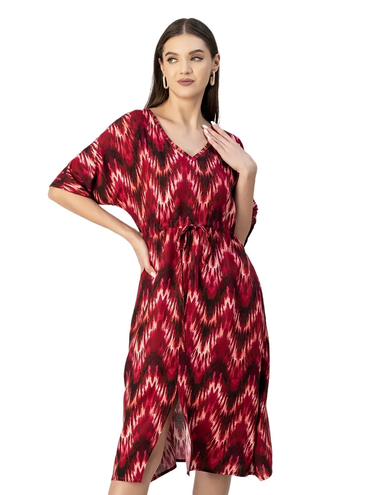 V Neck Short Sleeve Printed Rayon Dress
