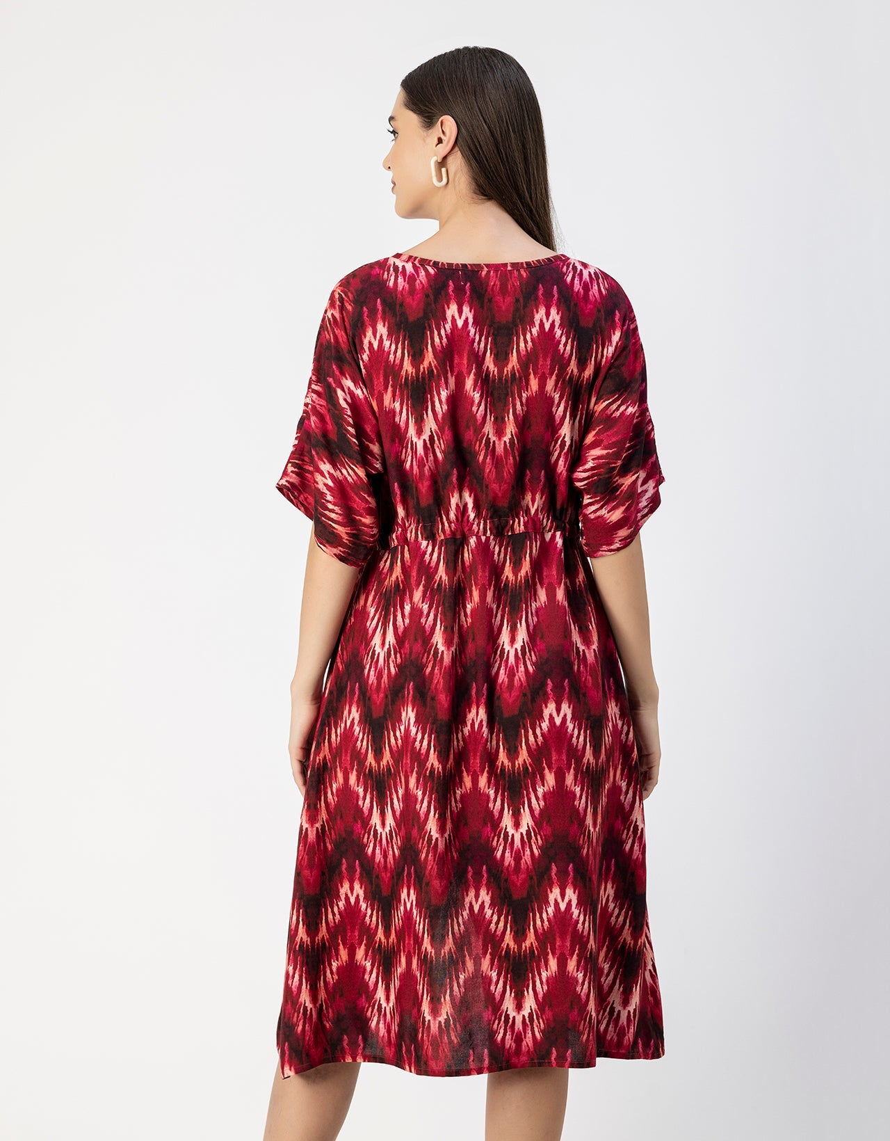 V Neck Short Sleeve Printed Rayon Dress