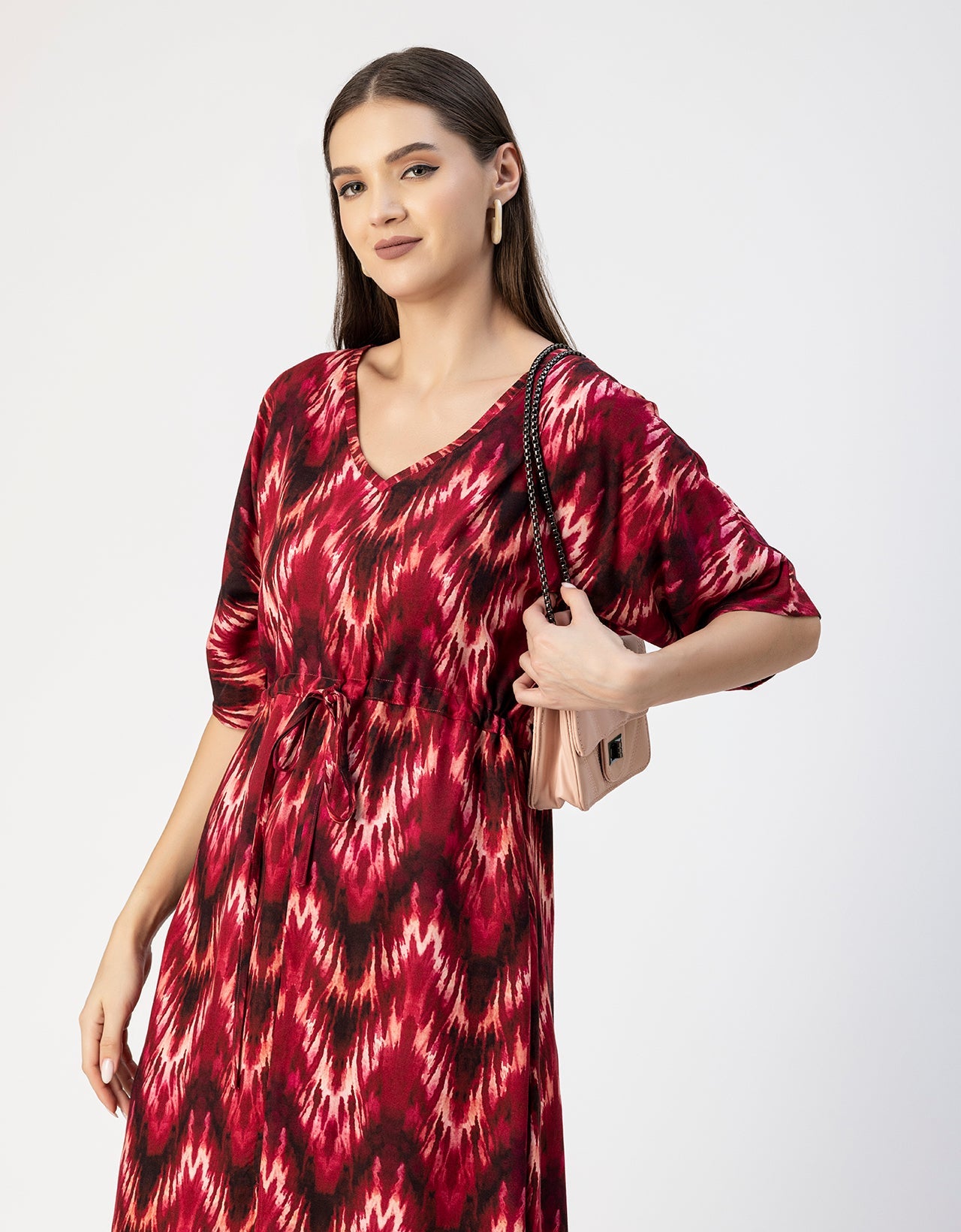 V Neck Short Sleeve Printed Rayon Dress