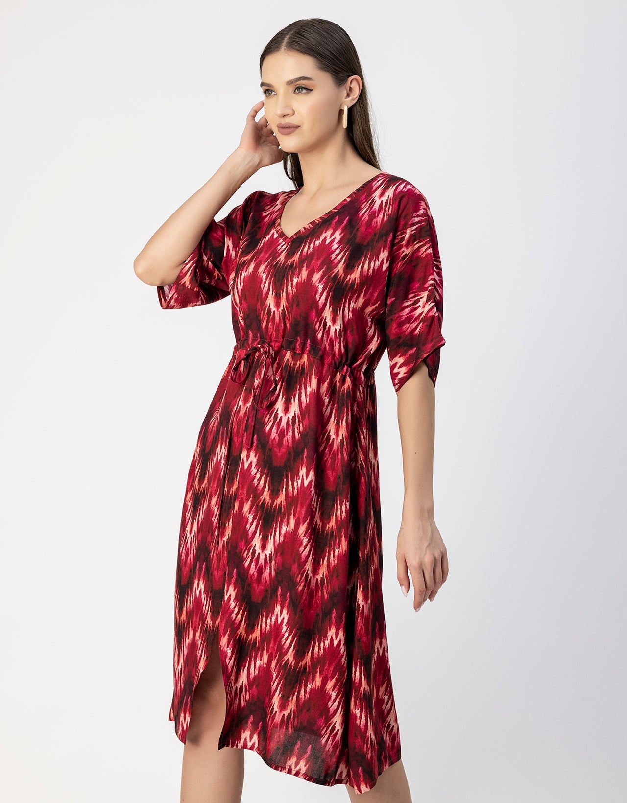 V Neck Short Sleeve Printed Rayon Dress