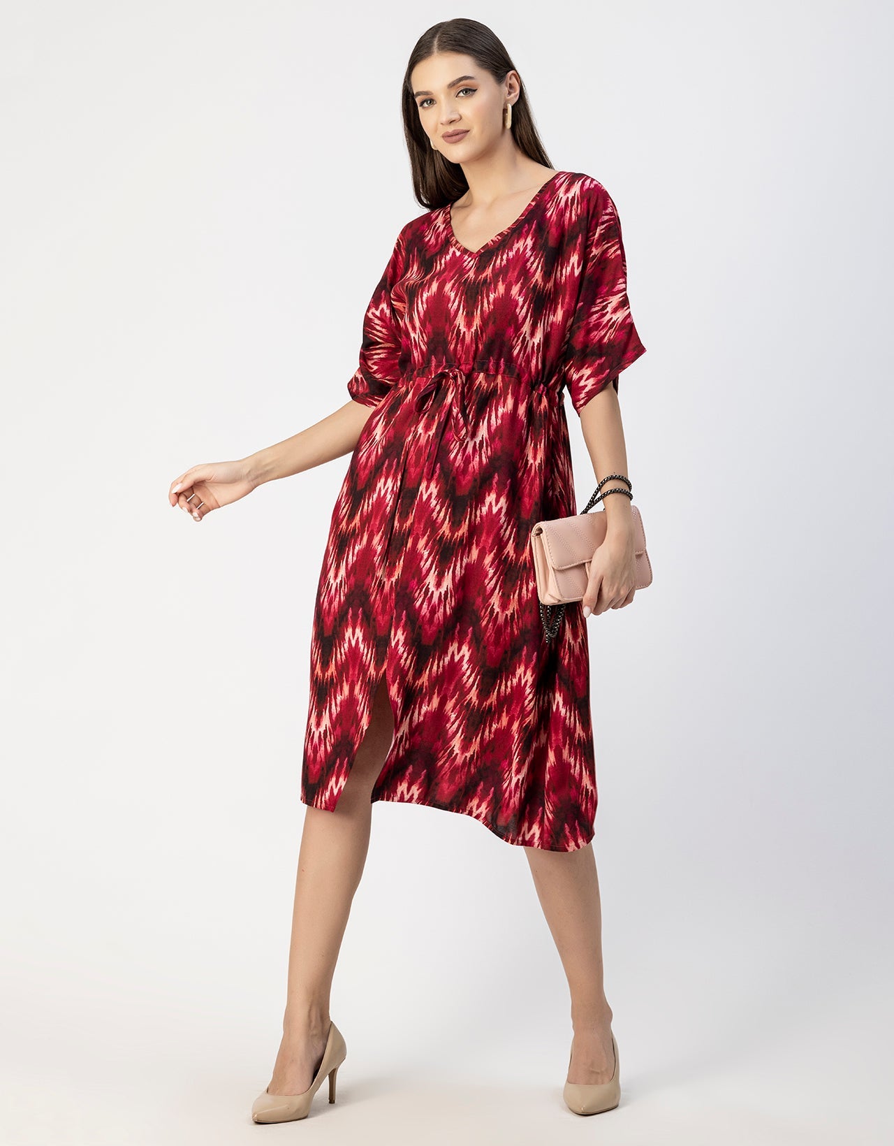 V Neck Short Sleeve Printed Rayon Dress