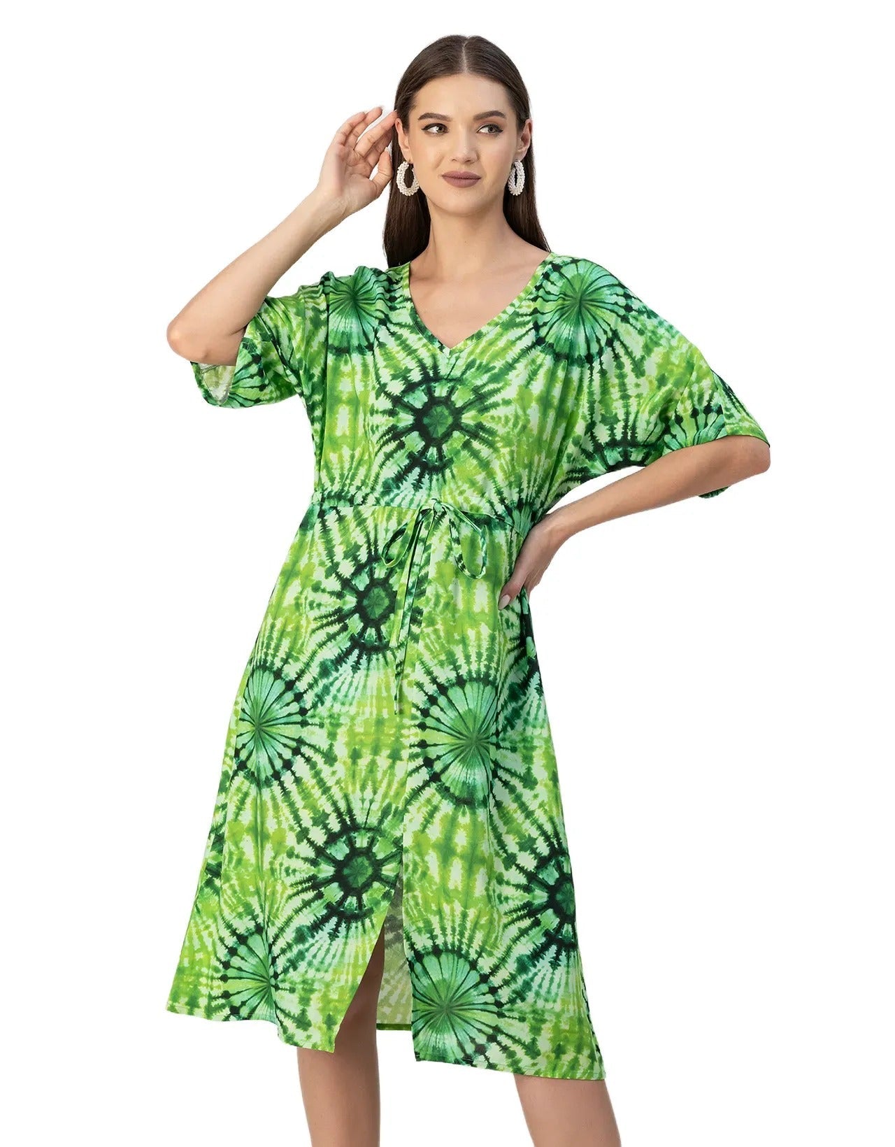 V Neck Short Sleeve Printed Rayon Dress