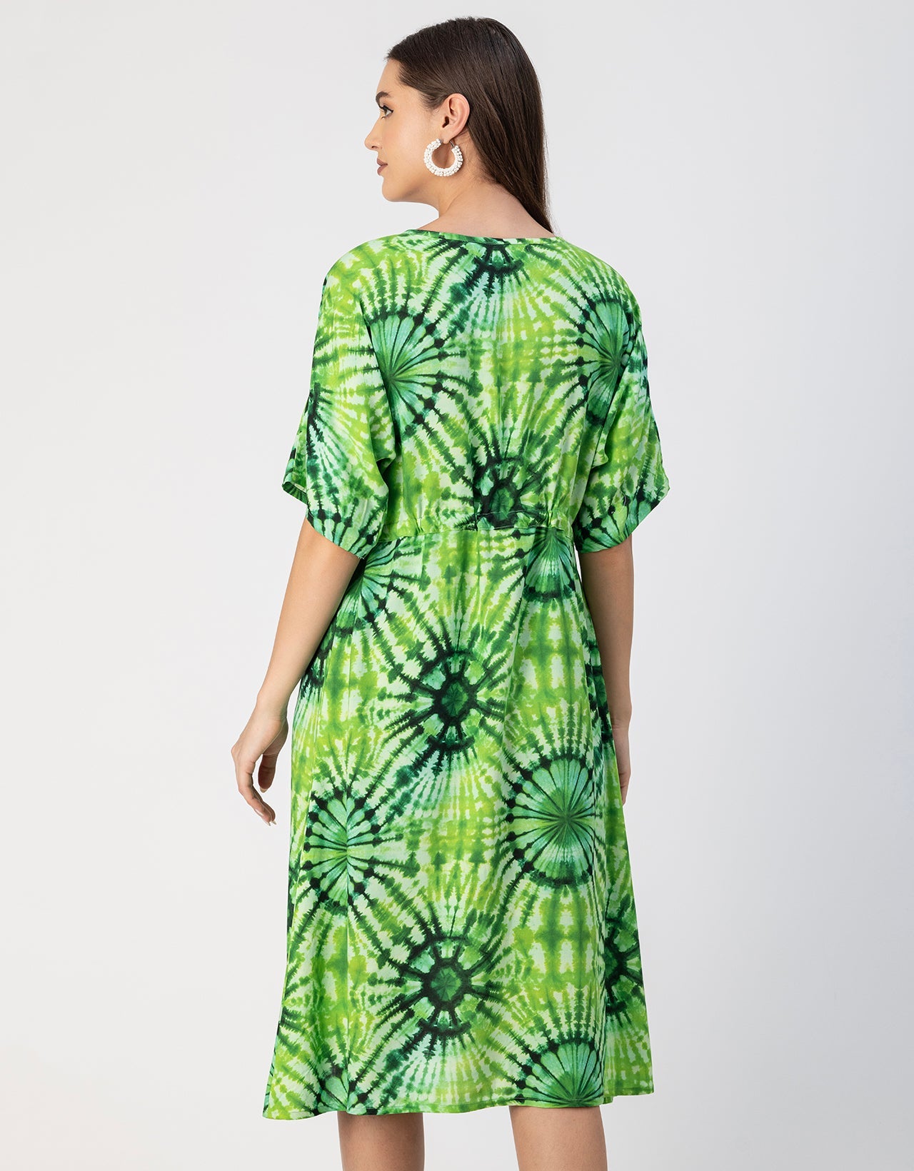 V Neck Short Sleeve Printed Rayon Dress