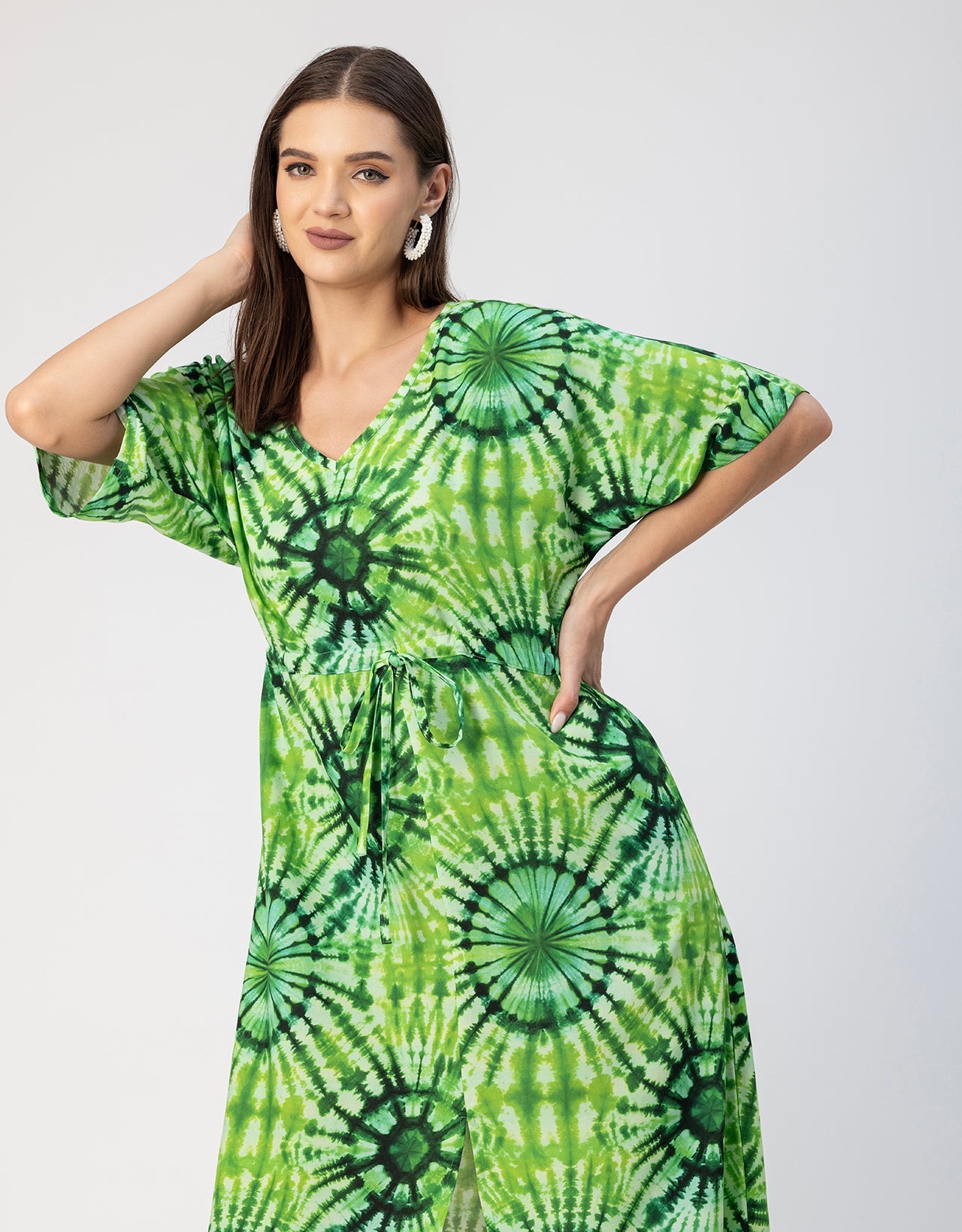 V Neck Short Sleeve Printed Rayon Dress