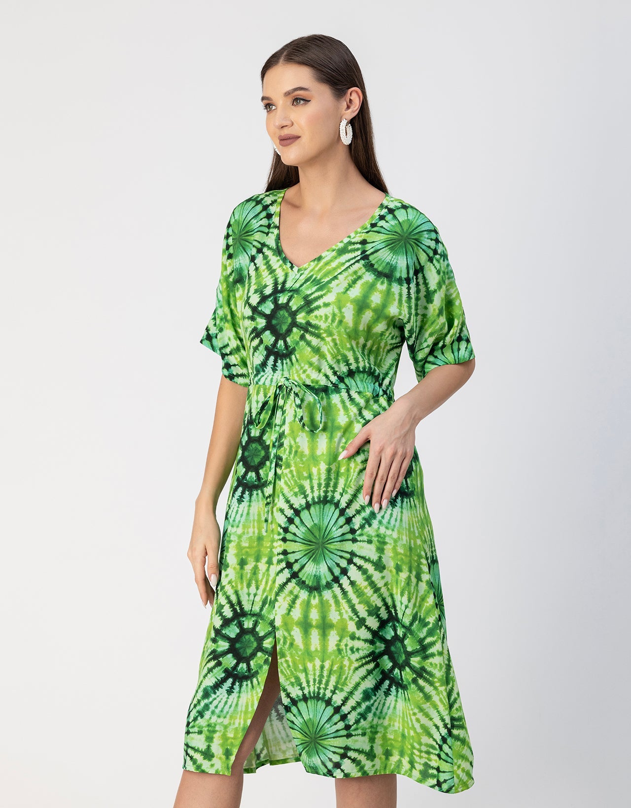 V Neck Short Sleeve Printed Rayon Dress