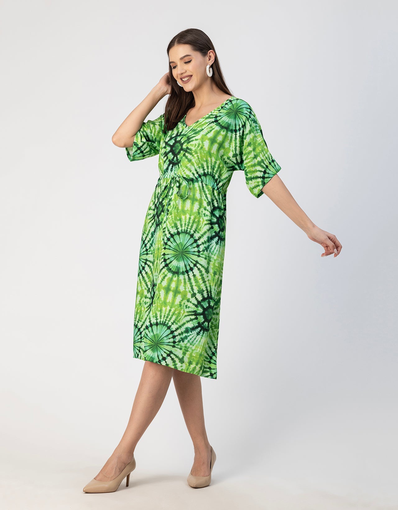 V Neck Short Sleeve Printed Rayon Dress