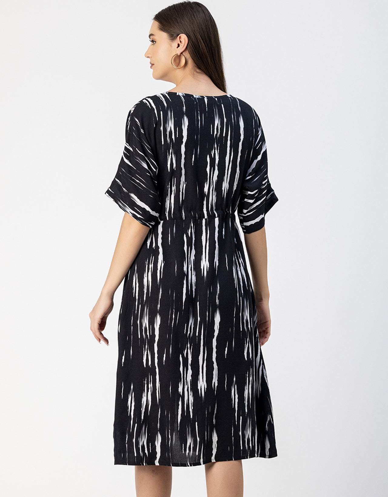 V Neck Short Sleeve Printed Rayon Dress