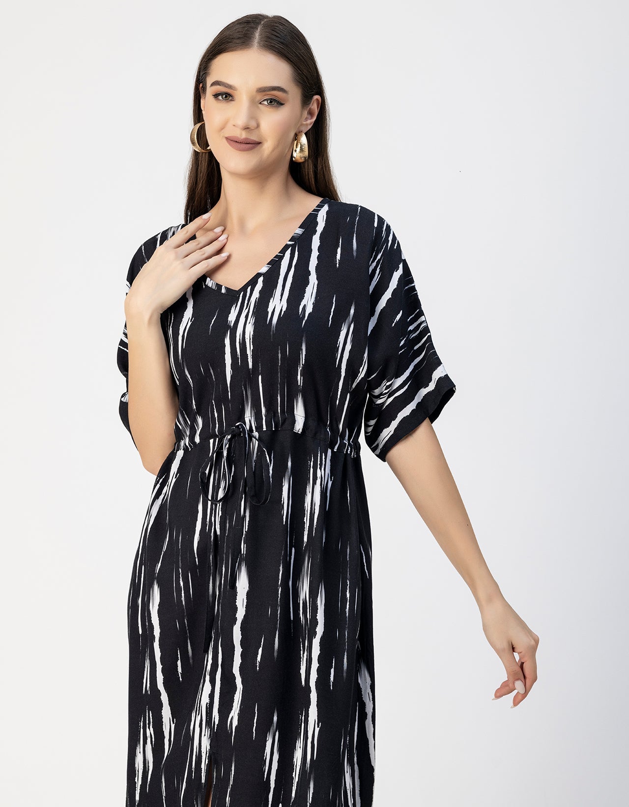 V Neck Short Sleeve Printed Rayon Dress