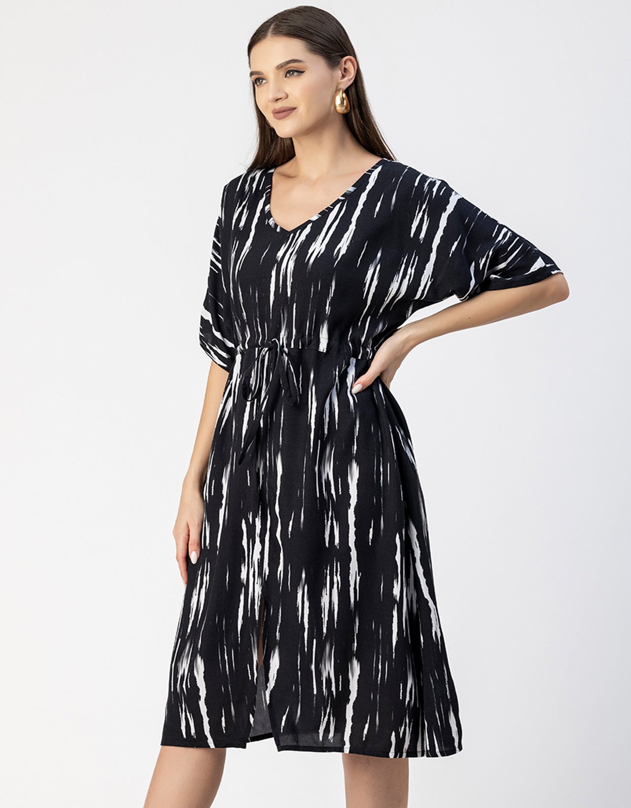 V Neck Short Sleeve Printed Rayon Dress