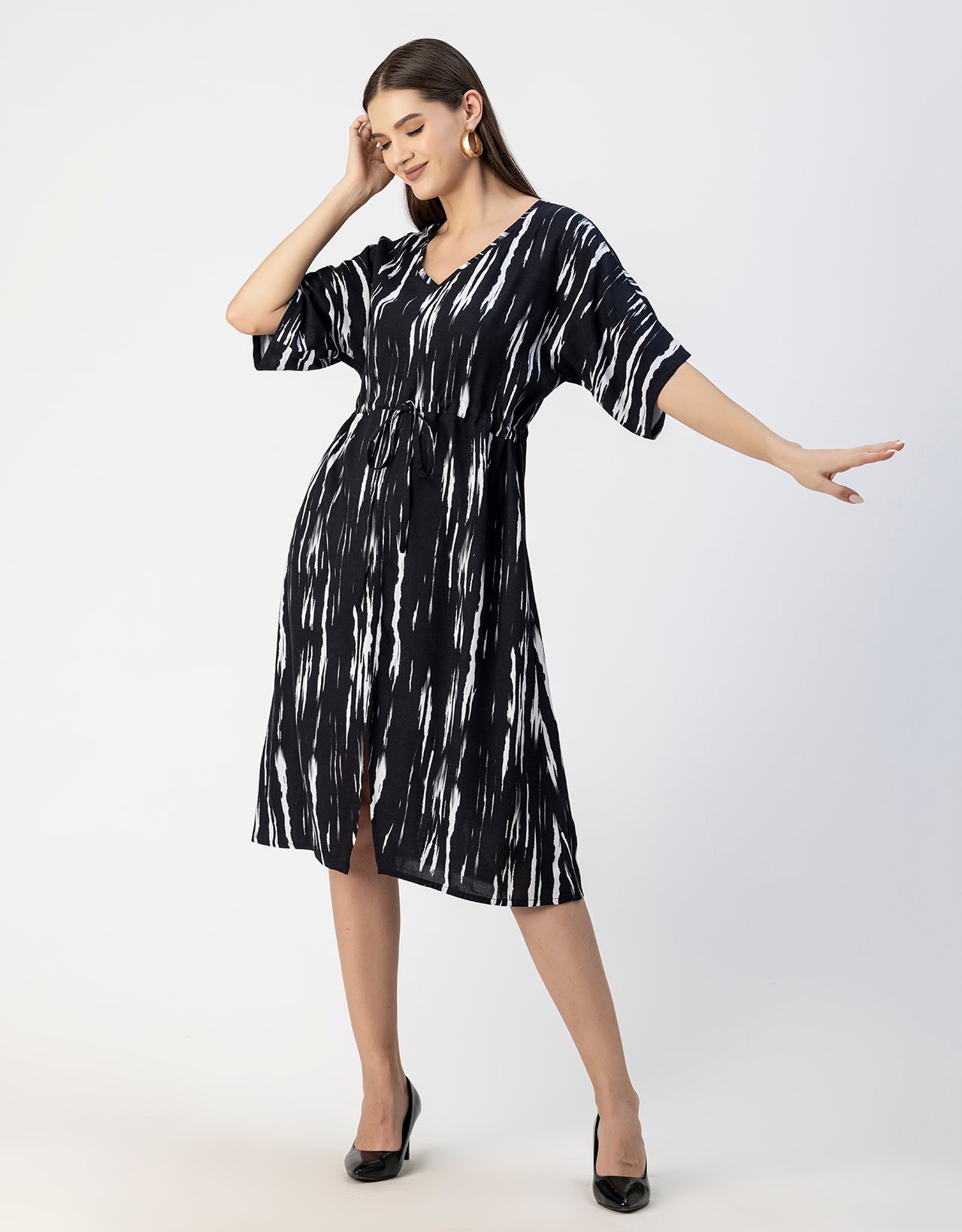 V Neck Short Sleeve Printed Rayon Dress