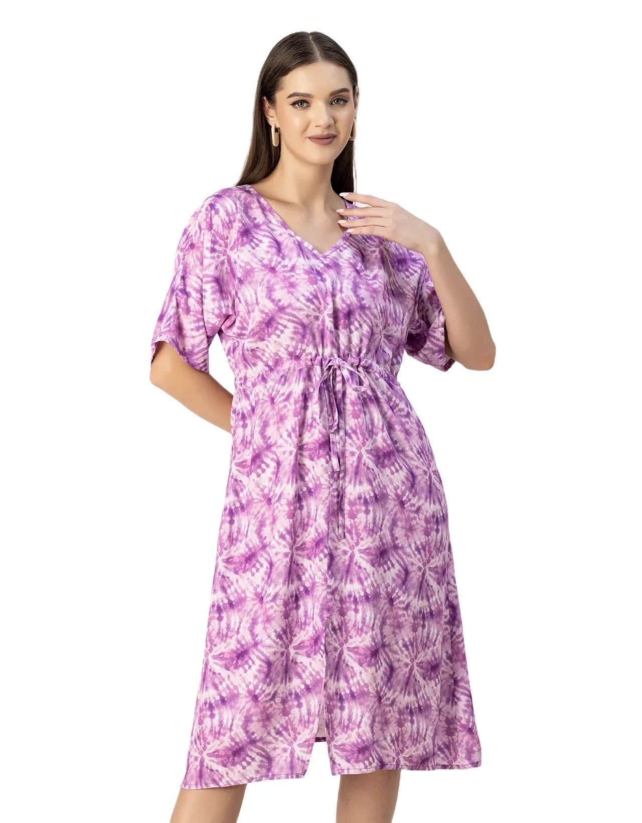 V Neck Short Sleeve Printed Rayon Dress