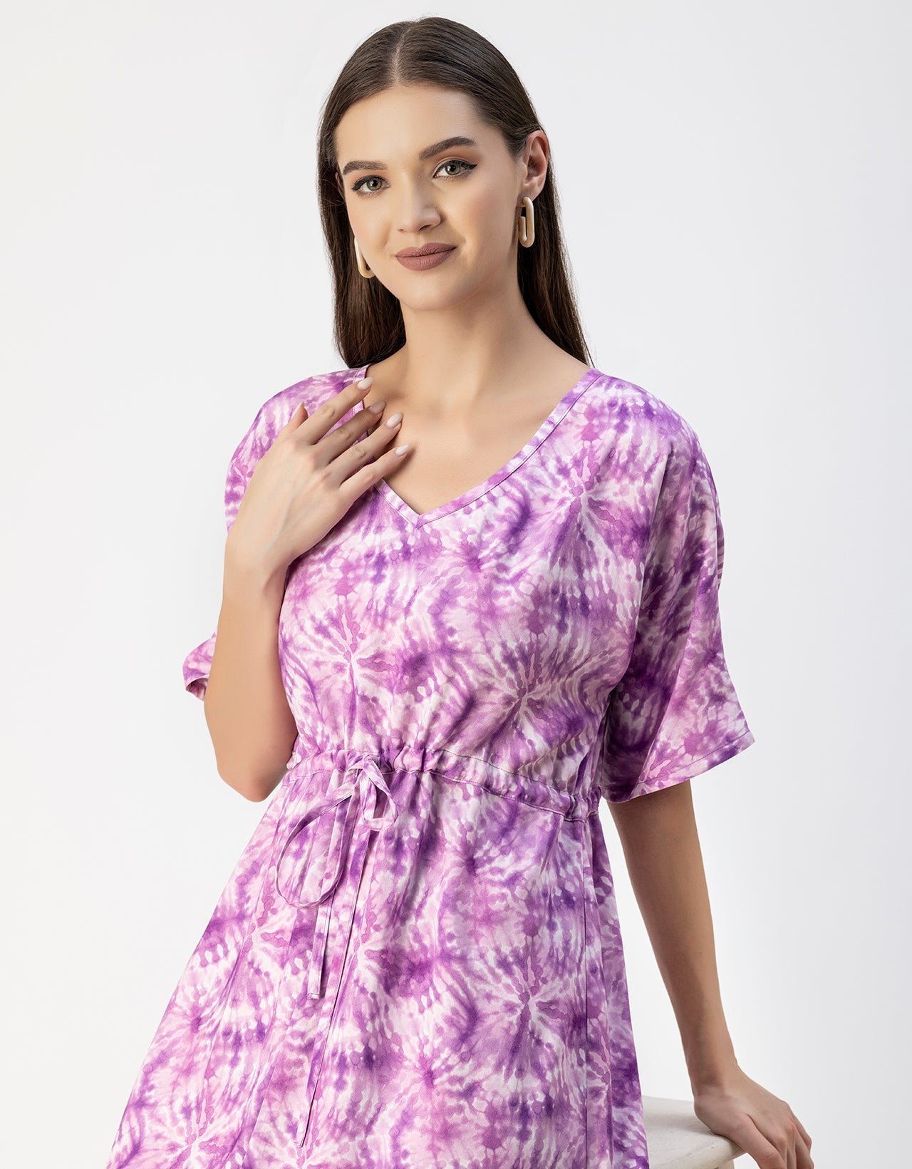 V Neck Short Sleeve Printed Rayon Dress