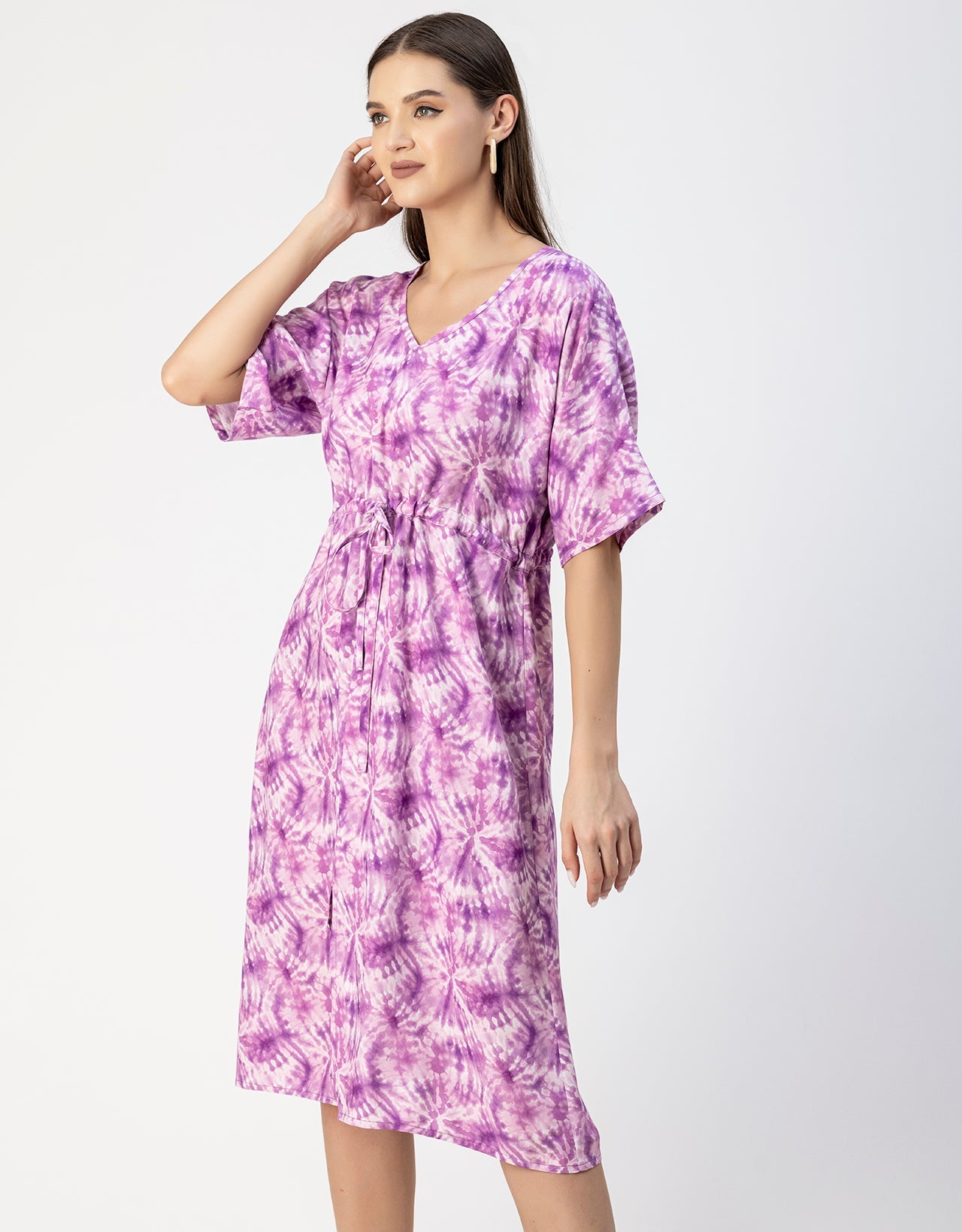 V Neck Short Sleeve Printed Rayon Dress