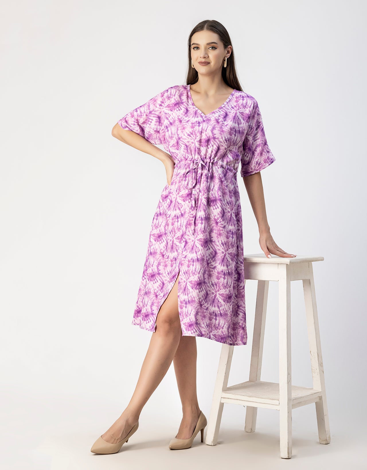 V Neck Short Sleeve Printed Rayon Dress