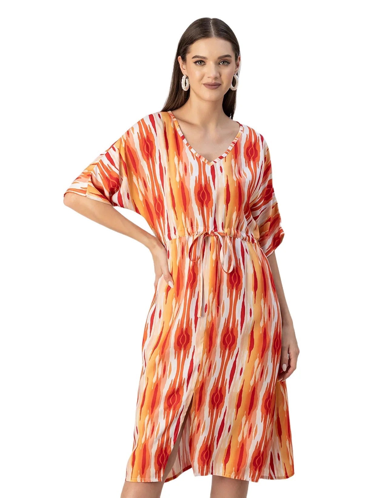 V Neck Short Sleeve Printed Rayon Dress