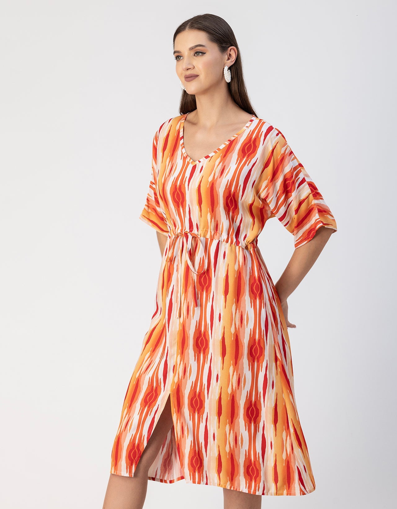V Neck Short Sleeve Printed Rayon Dress