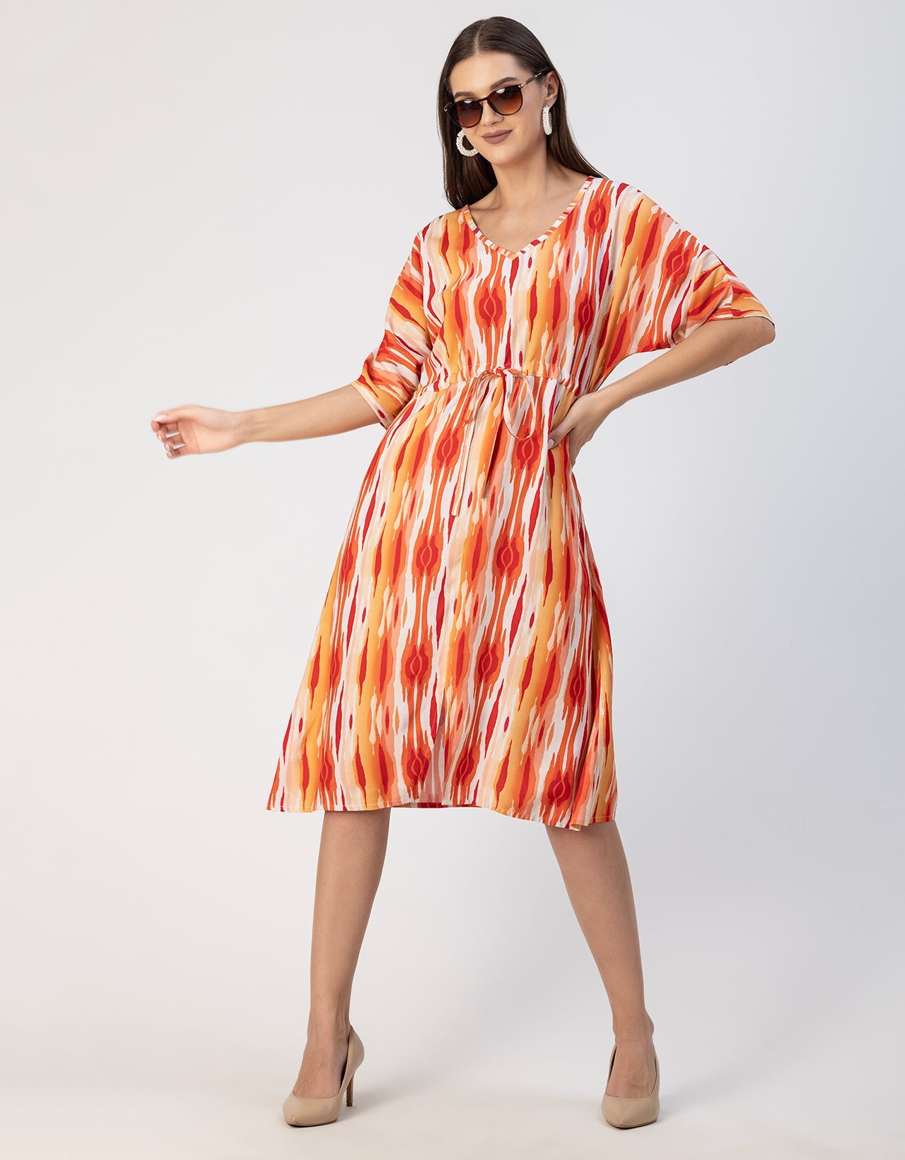 V Neck Short Sleeve Printed Rayon Dress