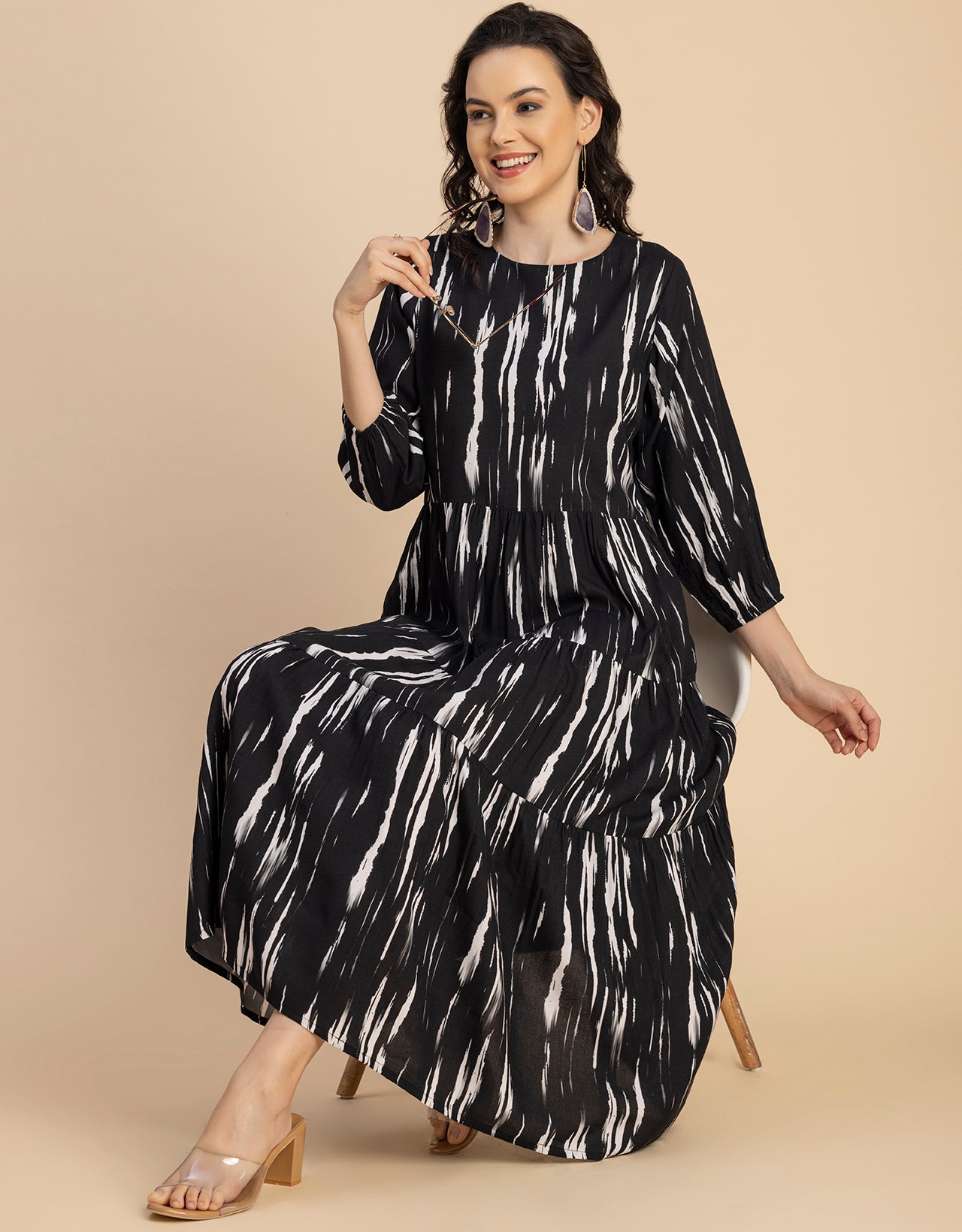 Raglan Sleeves Printed Rayon Dress