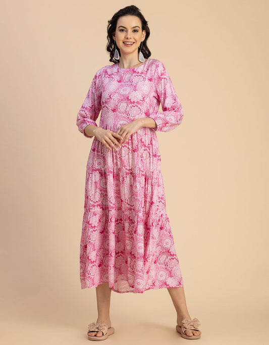 Raglan Sleeves Printed Rayon Dress