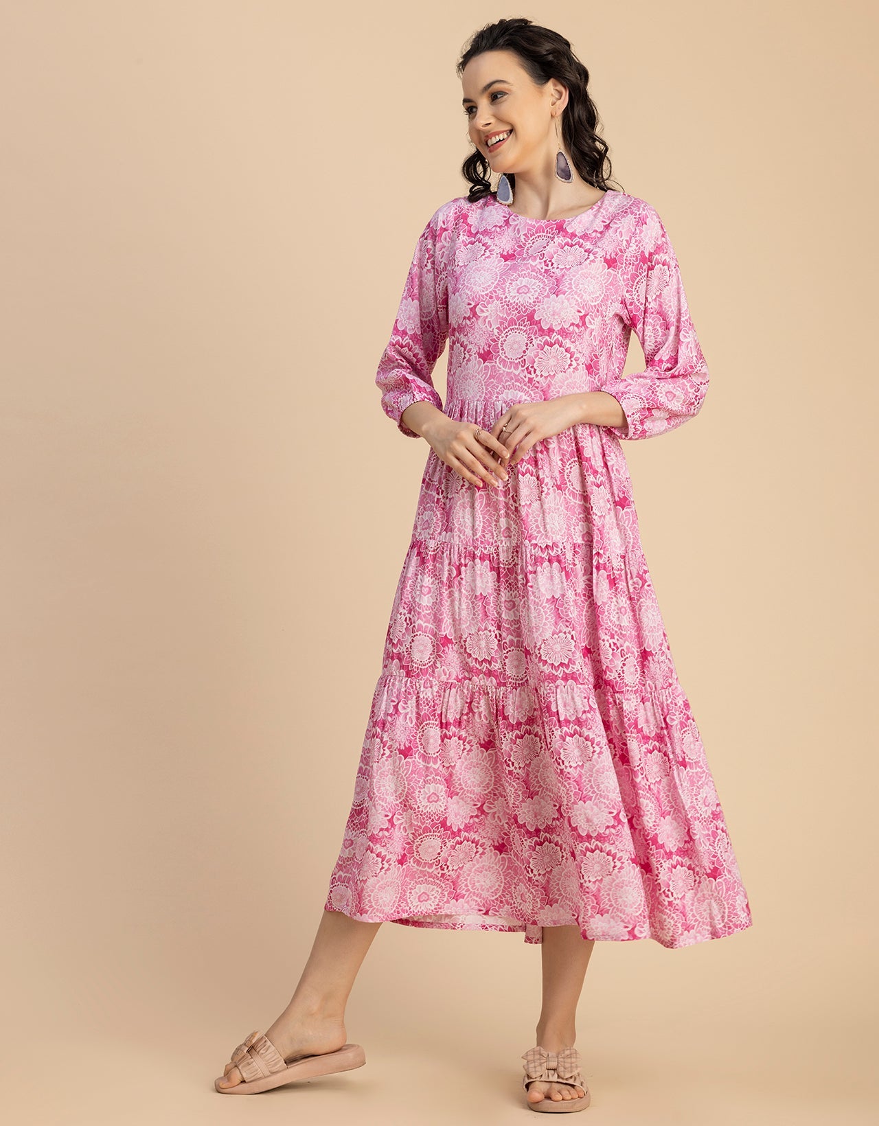 Raglan Sleeves Printed Rayon Dress