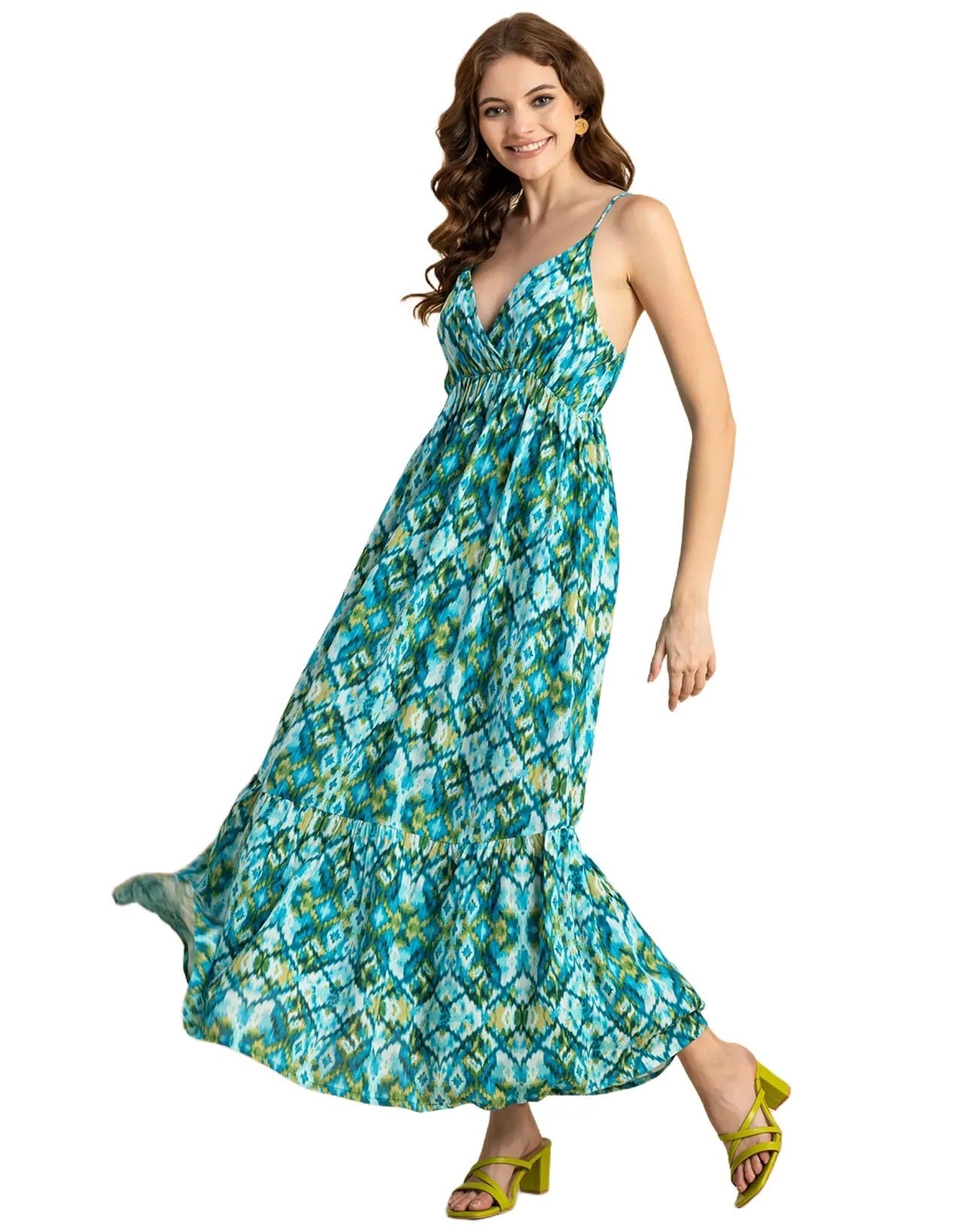 Shoulder Straps V Neck Printed Rayon Dress