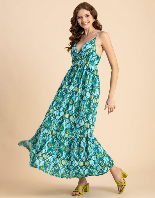 Shoulder Straps V Neck Printed Rayon Dress