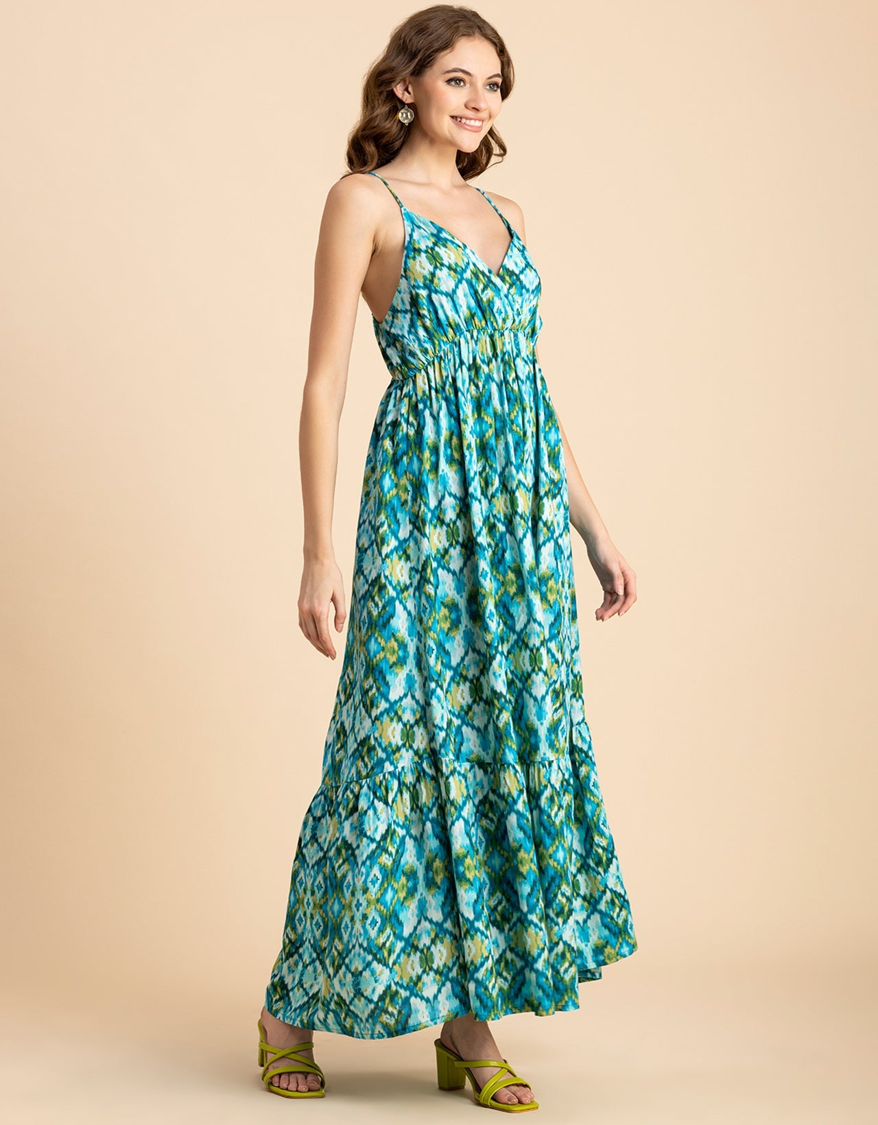 Shoulder Straps V Neck Printed Rayon Dress