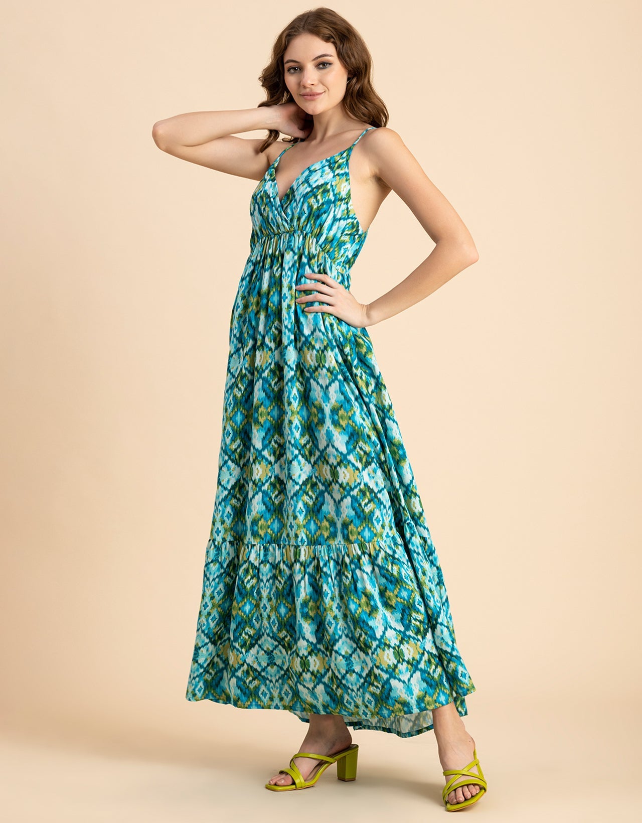 Shoulder Straps V Neck Printed Rayon Dress