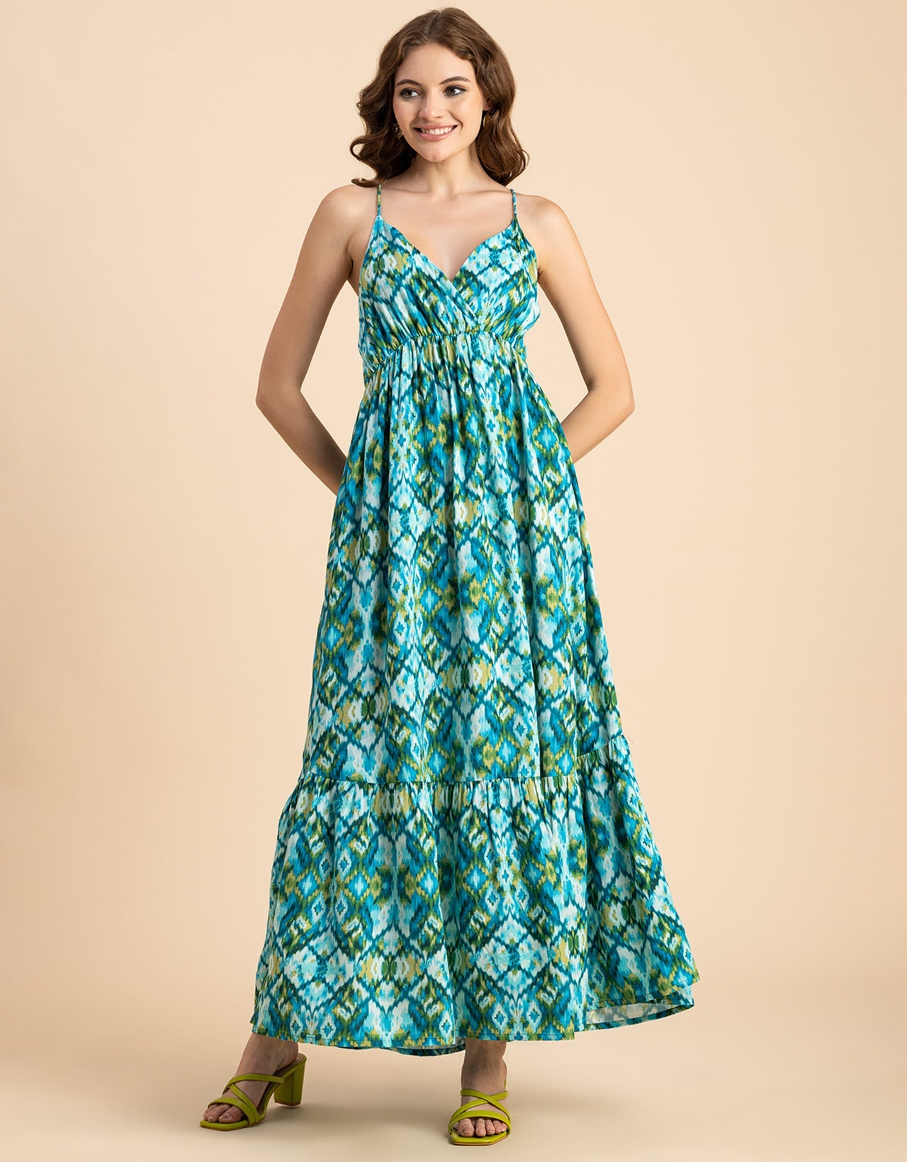 Shoulder Straps V Neck Printed Rayon Dress