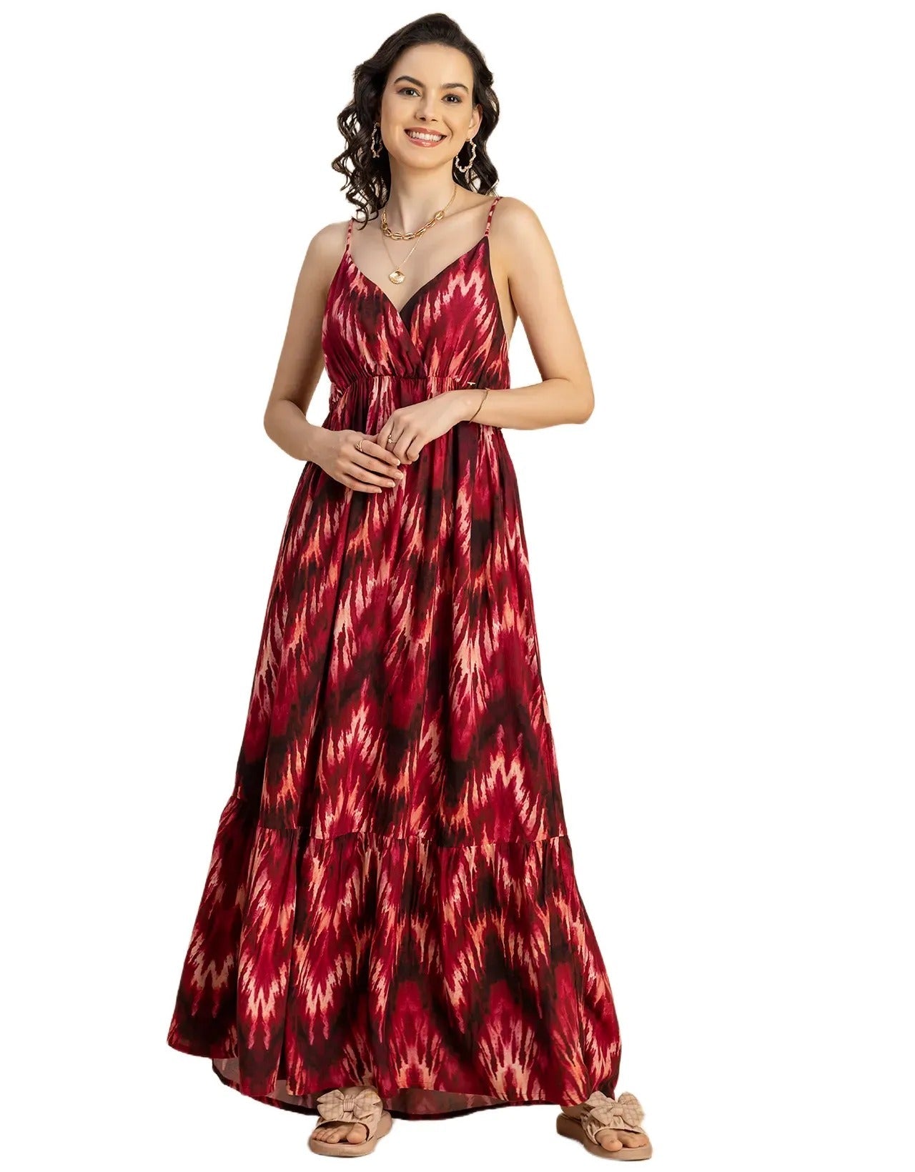 Shoulder Straps V Neck Printed Rayon Dress