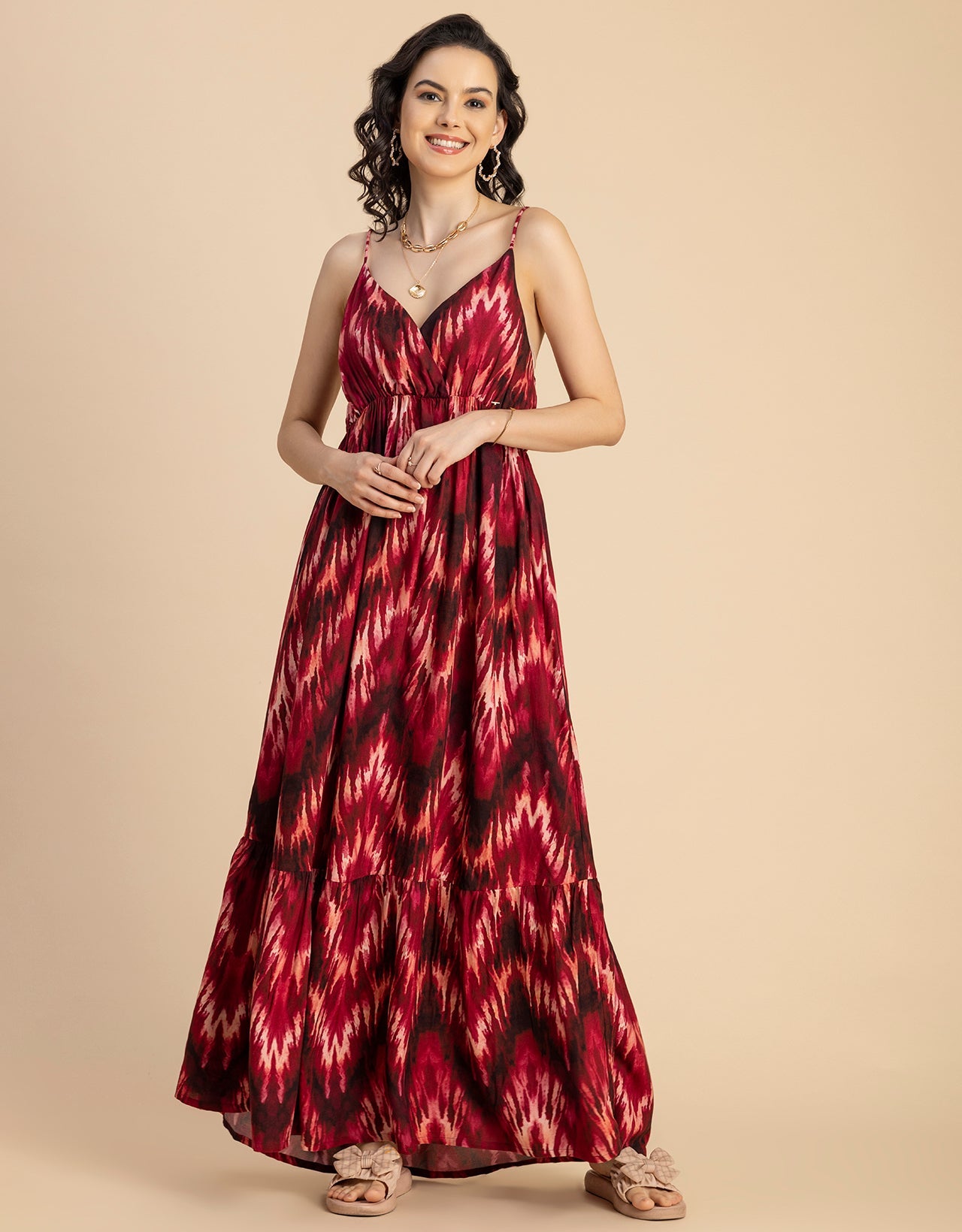 Shoulder Straps V Neck Printed Rayon Dress