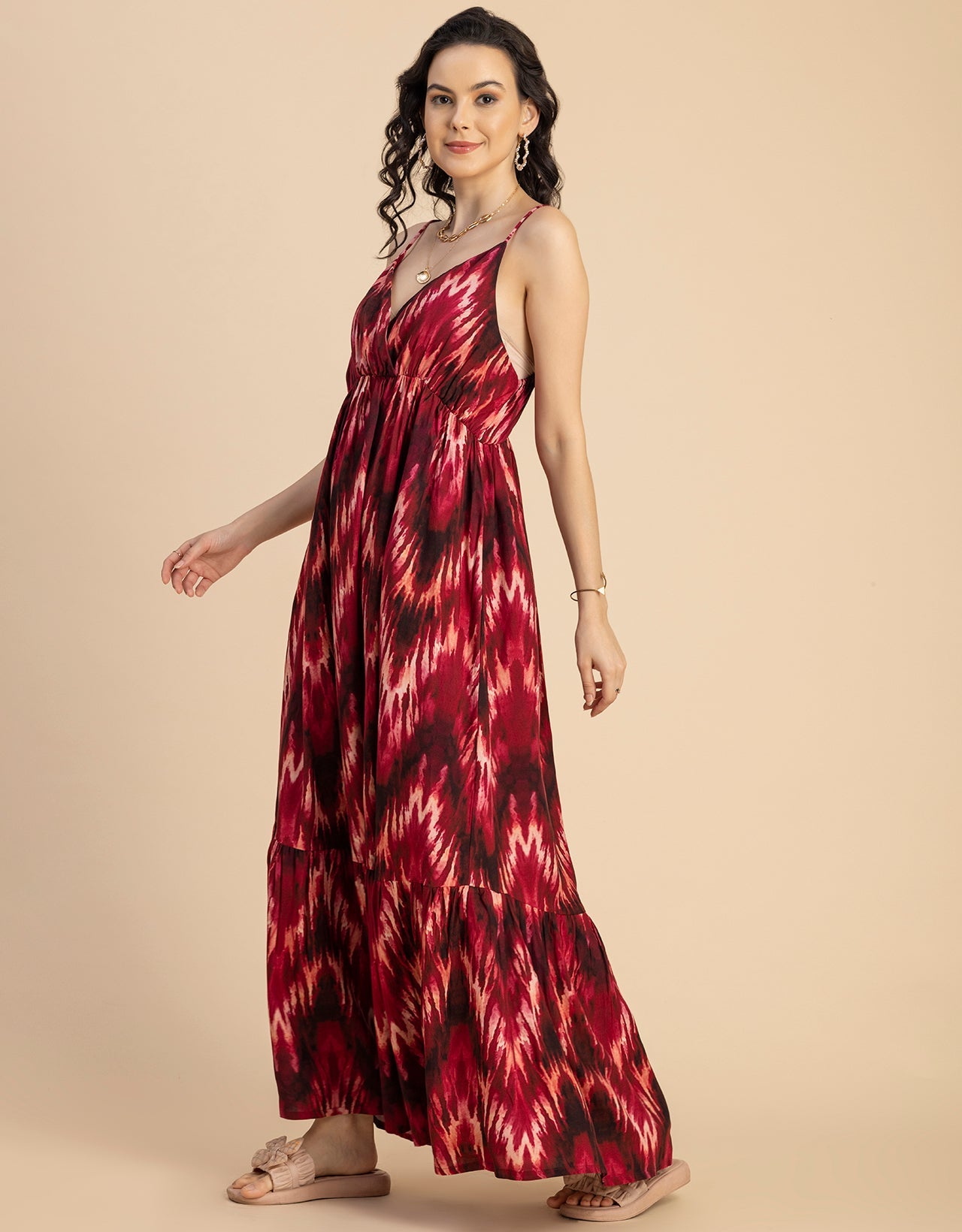 Shoulder Straps V Neck Printed Rayon Dress