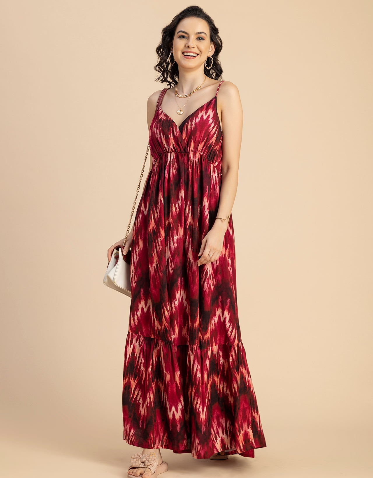Shoulder Straps V Neck Printed Rayon Dress