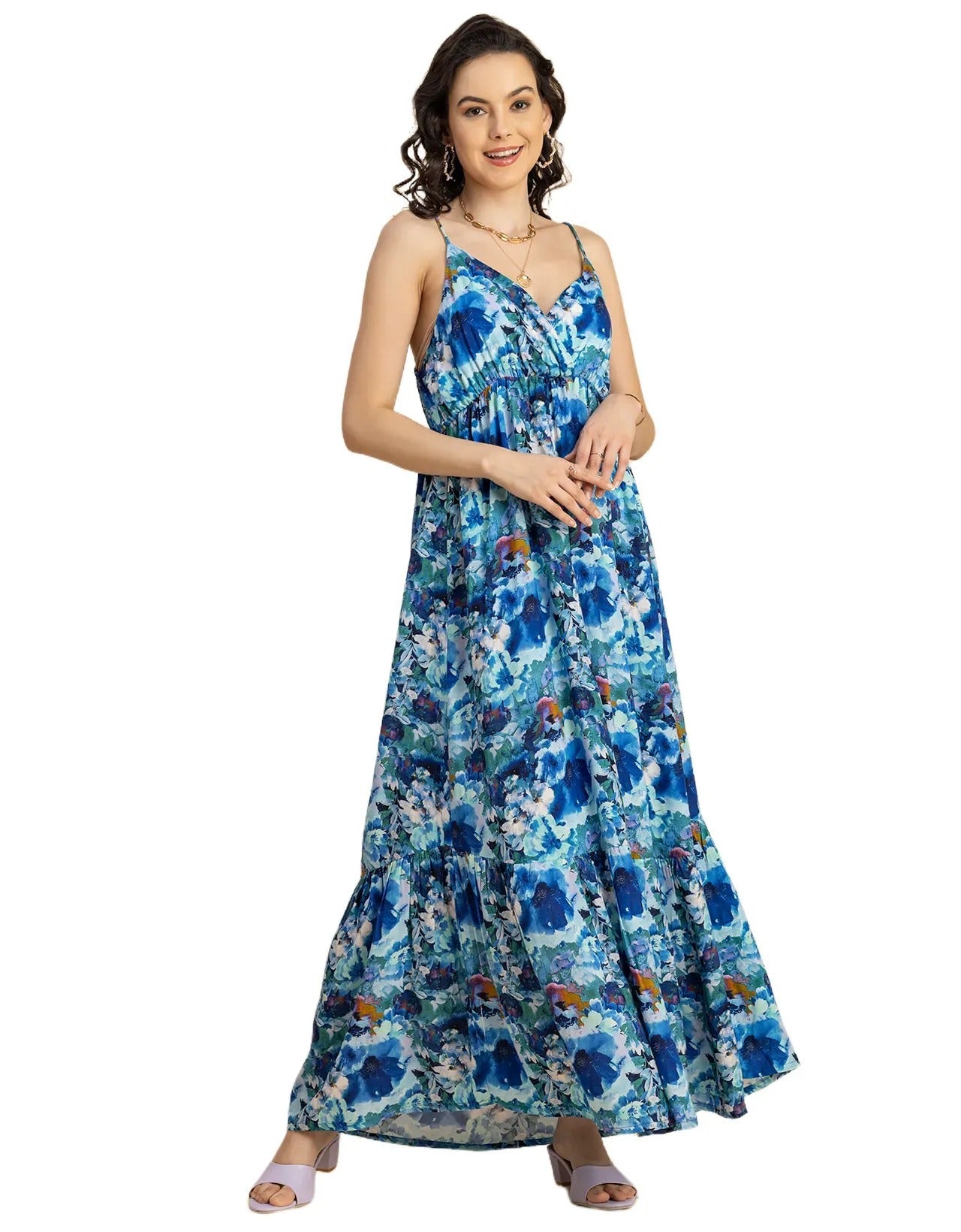 Shoulder Straps V Neck Printed Rayon Dress