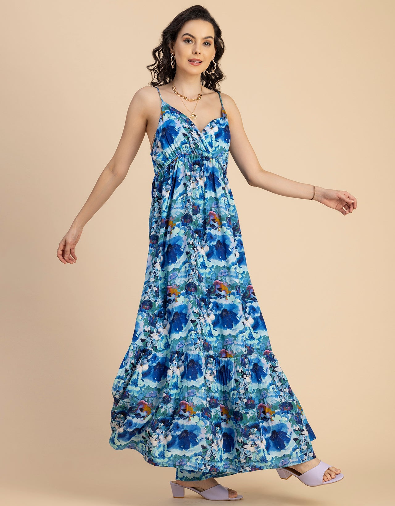Shoulder Straps V Neck Printed Rayon Dress