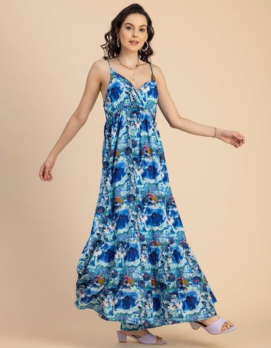 Shoulder Straps V Neck Printed Rayon Dress